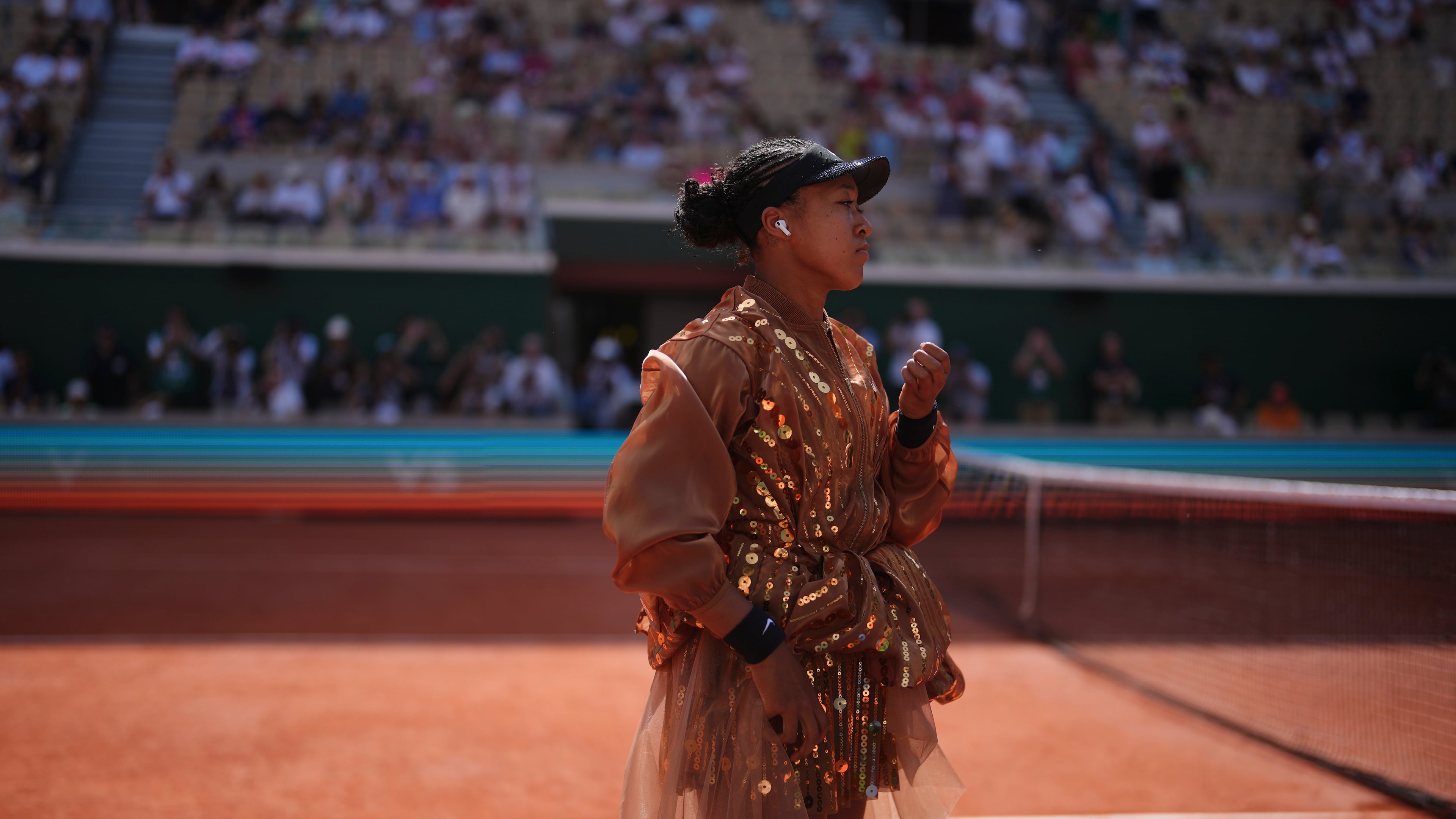 Naomi Osaka of Japan prepares for the third round women's singles tennis match against Iva Jovic of the U.S. at the French Open tennis tournament in Paris, Saturday, May 30, 2026. (AP Photo/Thibault Camus)