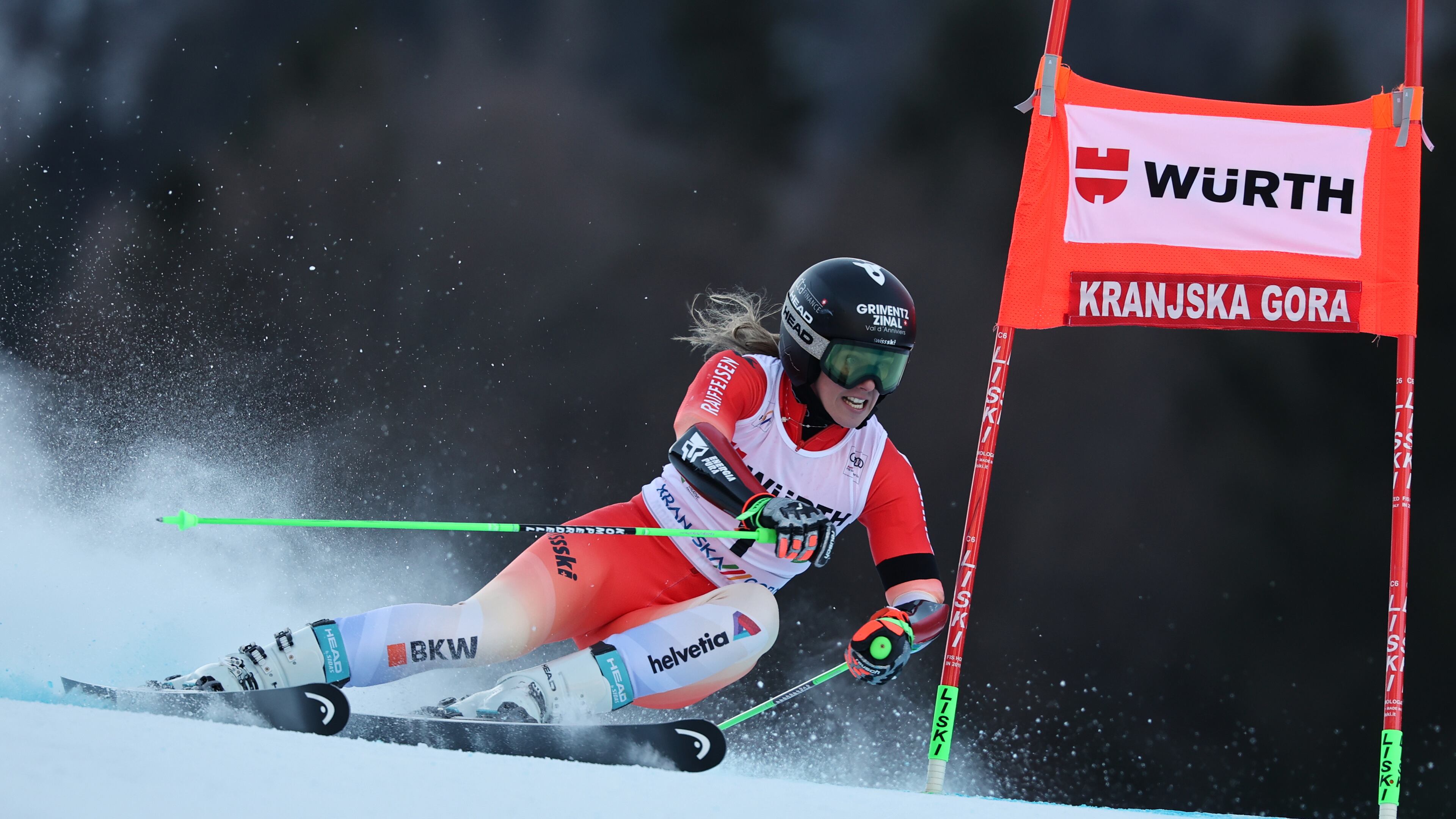 Switzerland's Camille Rast speeds down the course during an alpine ski, women¥s World Cup giant slalom in Kranjska Gora, Slovenia, Saturday, Jan. 3, 2026. (AP Photo/Marco Trovati)