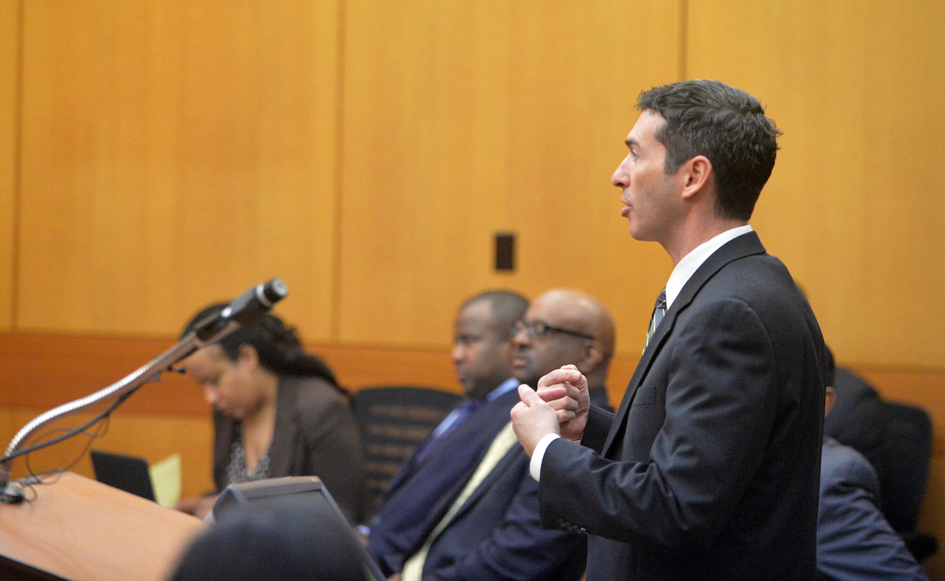 Defense attorney Sanford Wallack raises an objection to the response to a jury question on evidence Wednesday in the Atlanta Public Schools test-cheating trial. (Atlanta Journal-Constitution, Kent D. Johnson, Pool)
