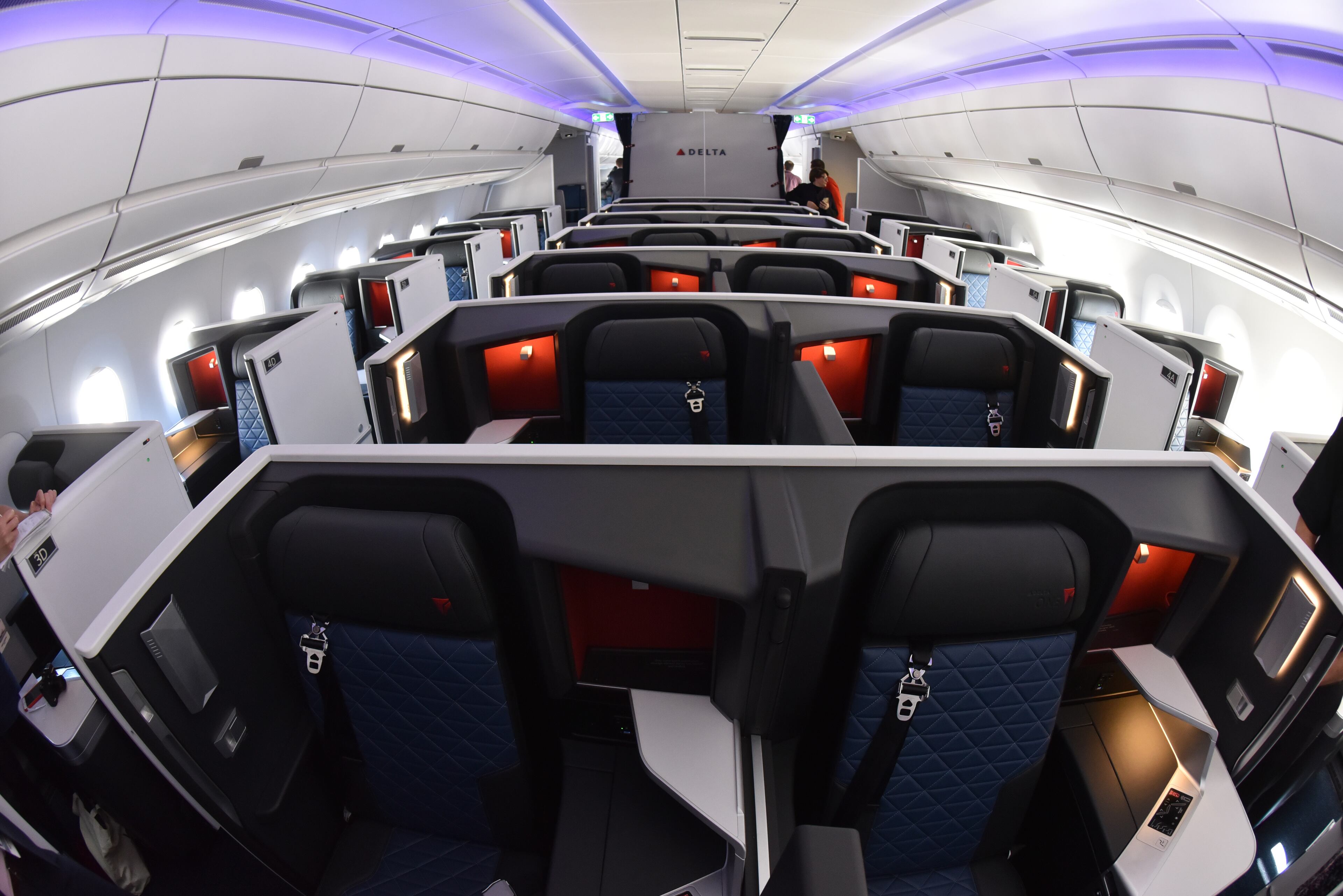 October 17, 2017 Atlanta - Interior of Airbus A350's Delta One suite during a media event at Hartsfield-Jackson International Airport on Tuesday, October 17, 2017. Recline and enjoy your flight in the comfort, privacy and exclusivity of your own Delta One suite. Part of the Delta effort to redefine international business class travel, these suites offer discreet privacy and custom accents, in addition to full flat-bed seats with direct aisle access to make you feel more at home. HYOSUB SHIN / HSHIN@AJC.COM