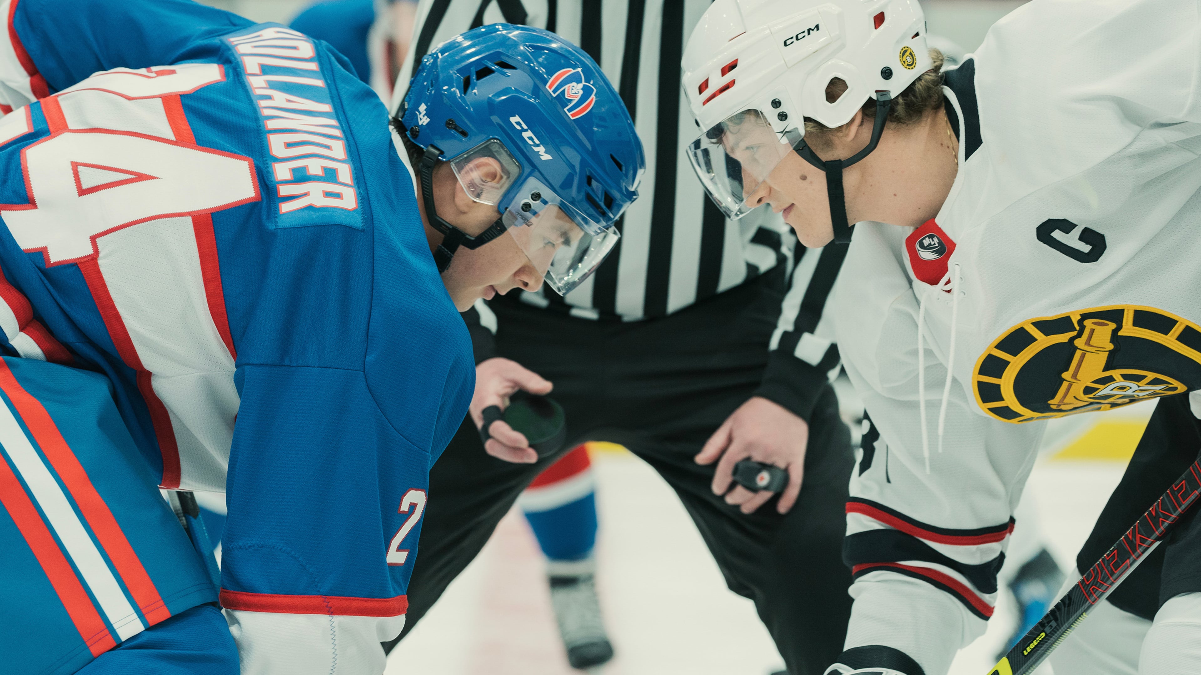 This image released by Crave shows Hudson Williams, left, and Connor Storrie in a scene from "Heated Rivalry." (Crave via AP)