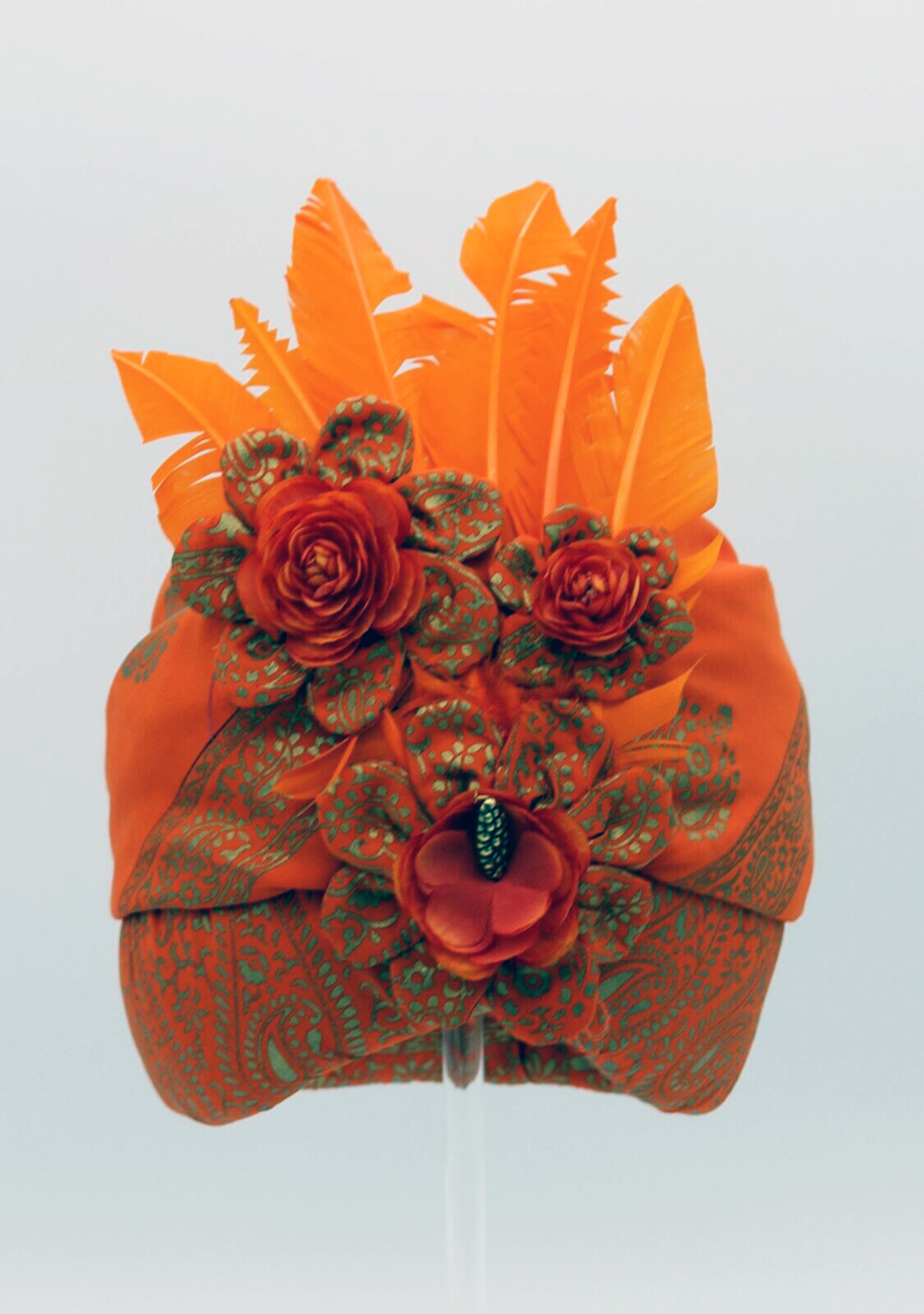 Elaborate Turban Women's Hat in Orange Metallic Fabric with Silk Flowers Feathers