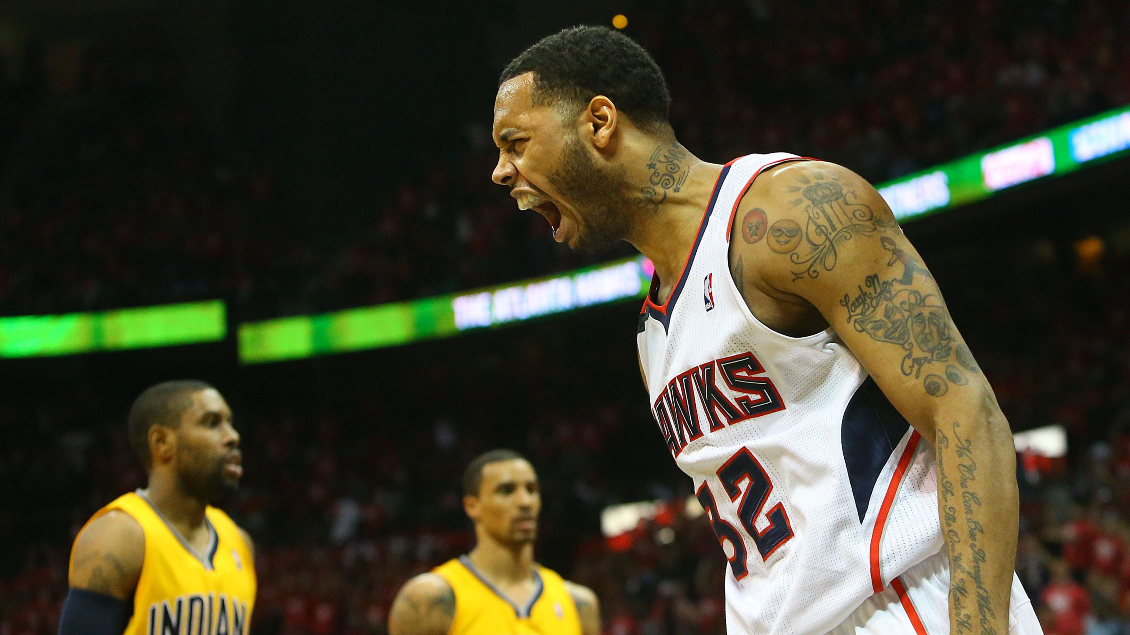 050114 ATLANTA: Hawks Mike Scott reacts after slamming for two points against the Pacers during the second half of their First Round Game 6 contest on Thursday, May 1, 2014, in Atlanta. CURTIS COMPTON / CCOMPTON@AJC.COM