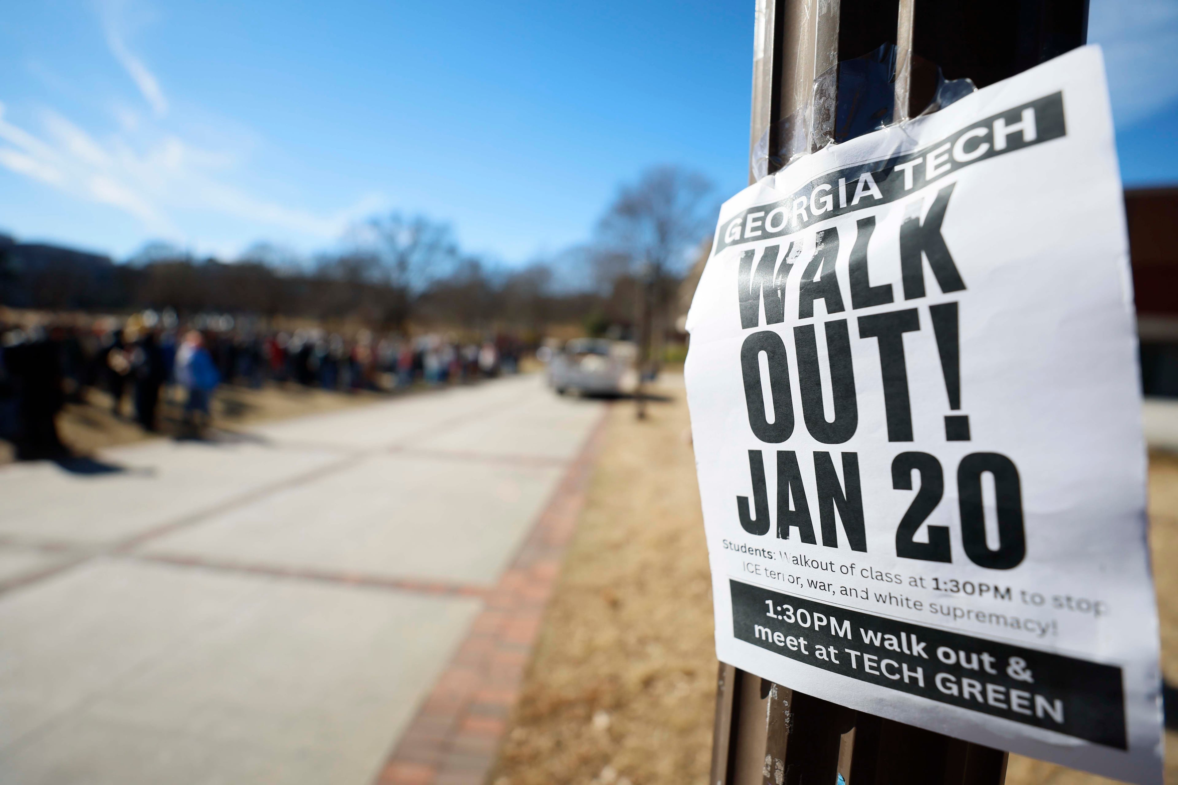 Georgia Tech students held a walkout protest at Tech Green on the main campus on Tuesday, Jan. 20, 2026. The demonstration coincided with the anniversary of Trump’s inauguration and opposed increased immigration enforcement during his administration. (Miguel Martinez/ AJC)