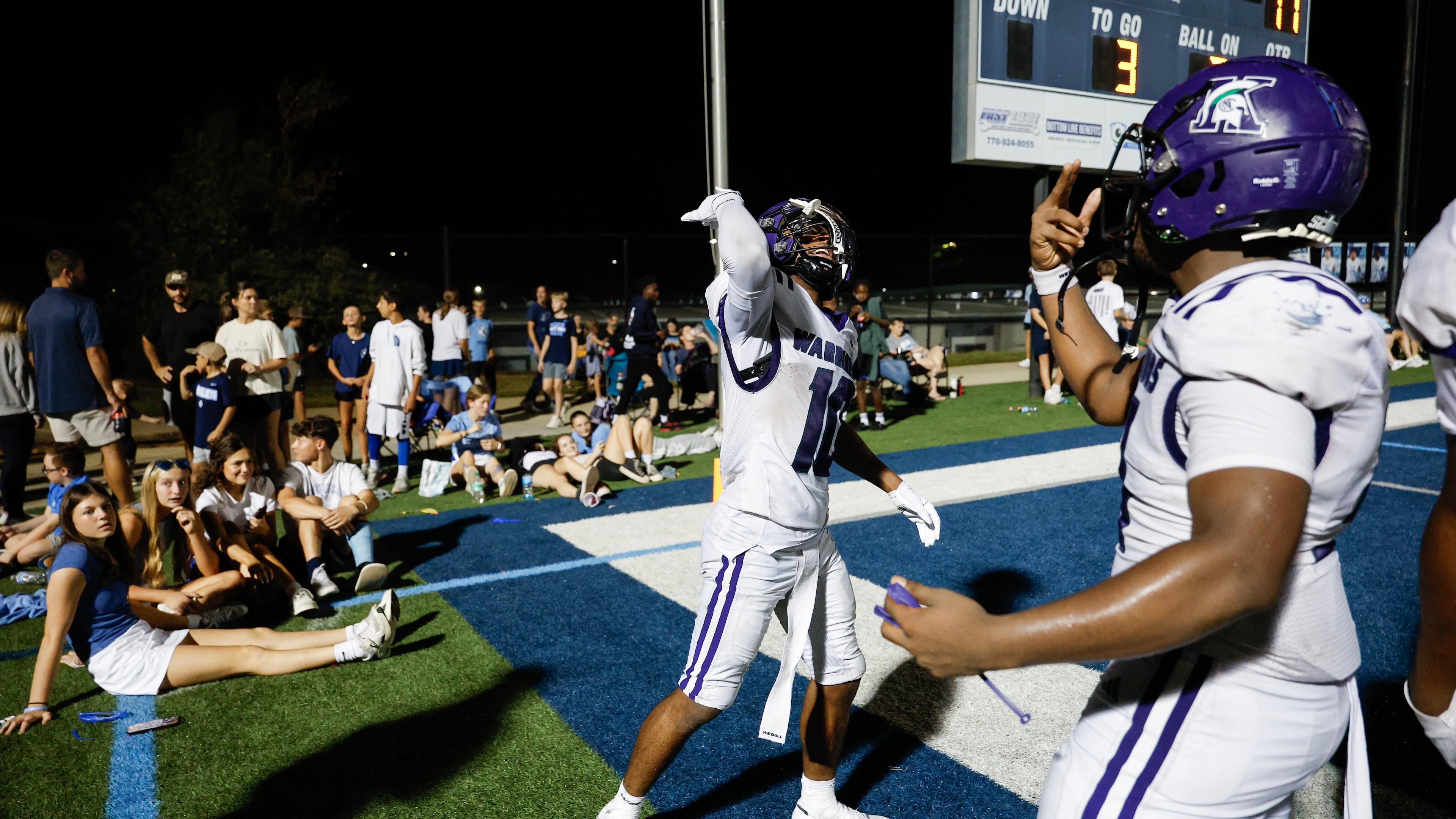 KIPP Atlanta's Cephas Barnett (10) celebrates his touchdown against North Cobb Christian during the second half a high school football game between KIPP Atlanta and North Cobb Christian, Friday, Oct. 2, 2026, in Kennesaw, Ga. (Erik S. Lesser for the AJC)