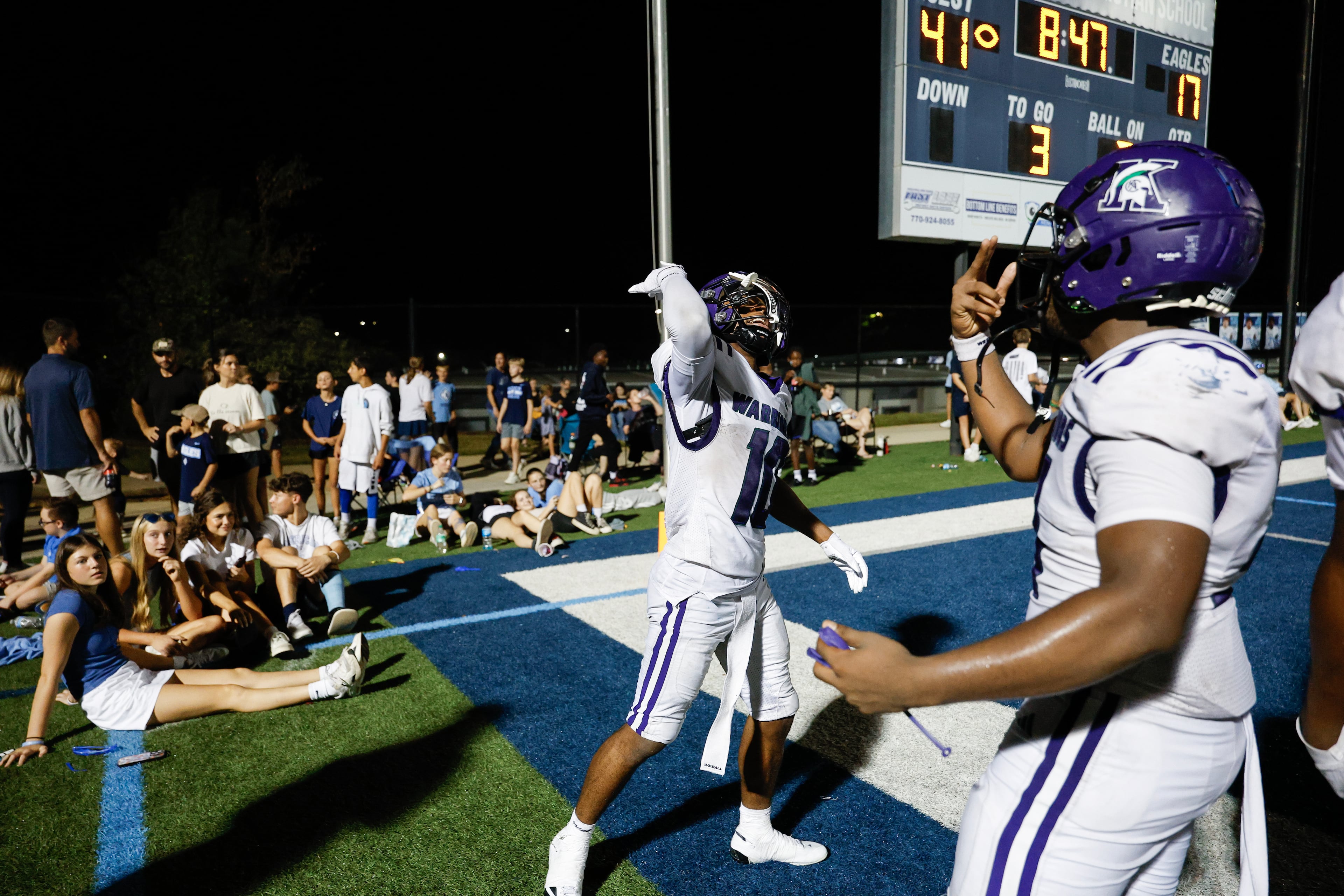 KIPP Atlanta’s Cephas Barnett (left) celebrates his touchdown against North Cobb Christian on Friday, Oct. 2, 2026, in Kennesaw. (Erik S. Lesser for the AJC)