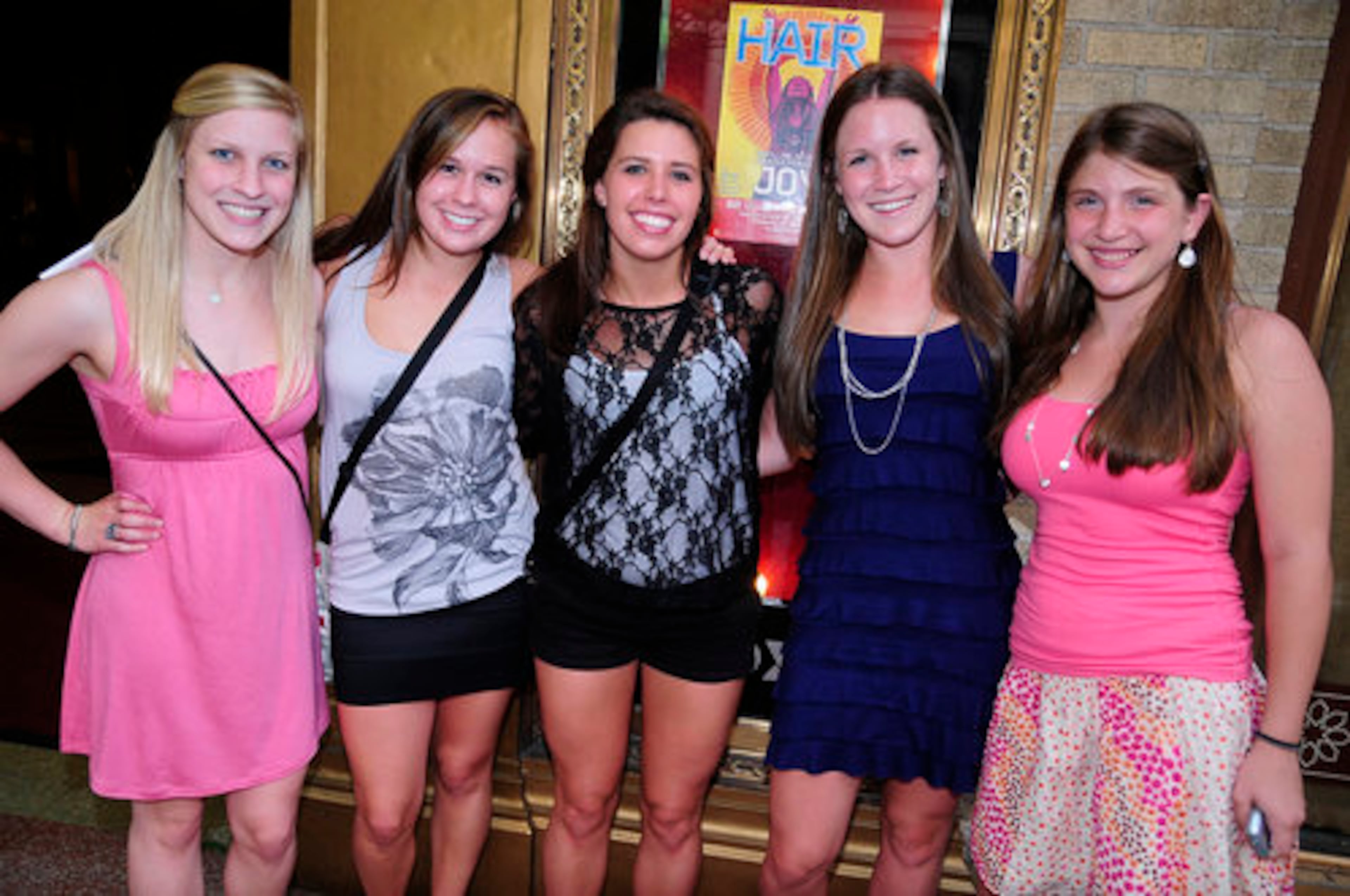 Erika Staskevicius, Anna Neumeister, Morgan Johnson, Abby, and Leannan Johnston pose for a photo before the Bruno Mars concert at the Fox Theatre.