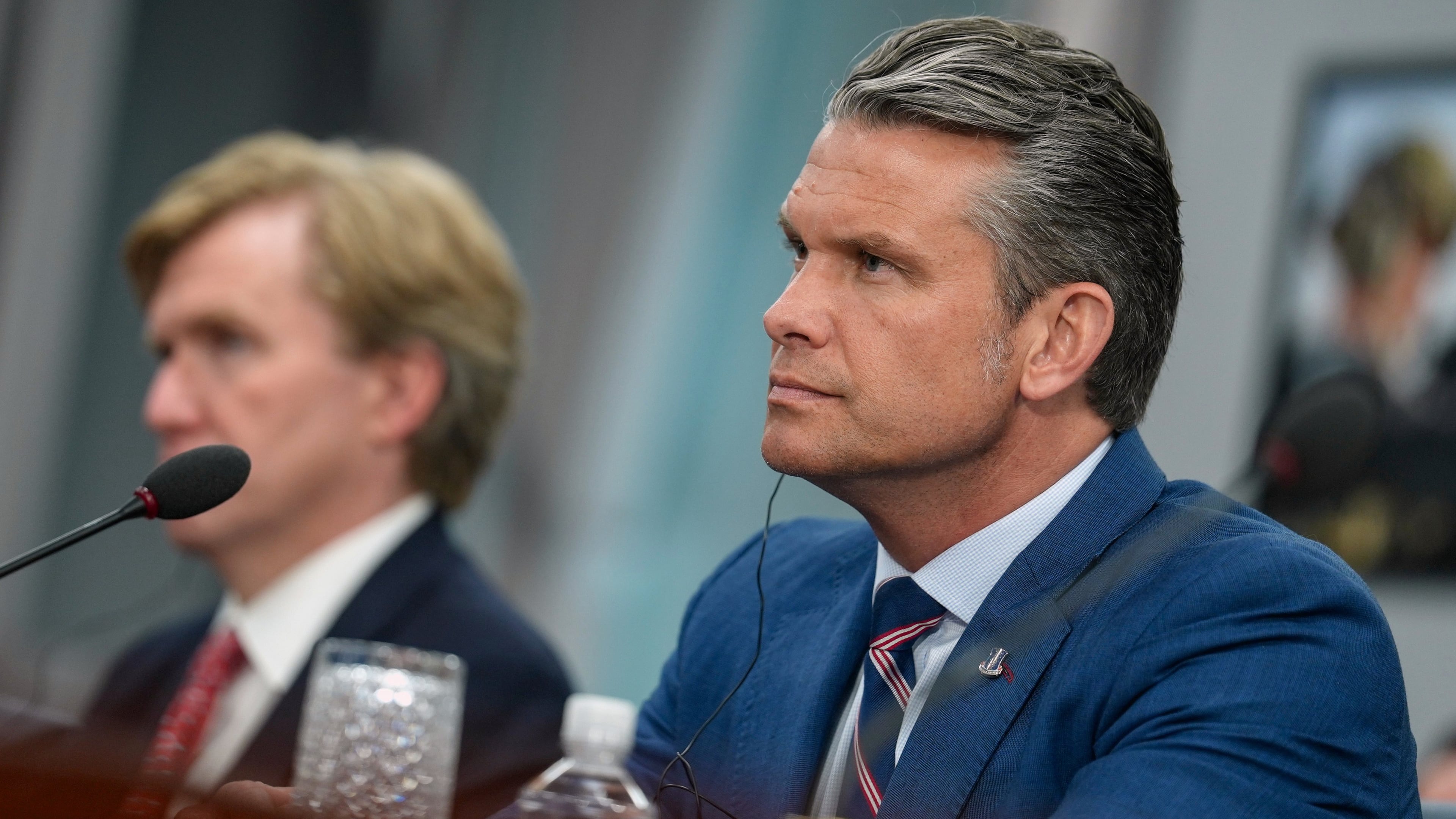 Defense Secretary Pete Hegseth listens during a meeting with Iraq's Prime Minister Ali al-Zaidi at the Pentagon Tuesday, July 14, 2026, in Washington. (Al Drago/Pool via AP)