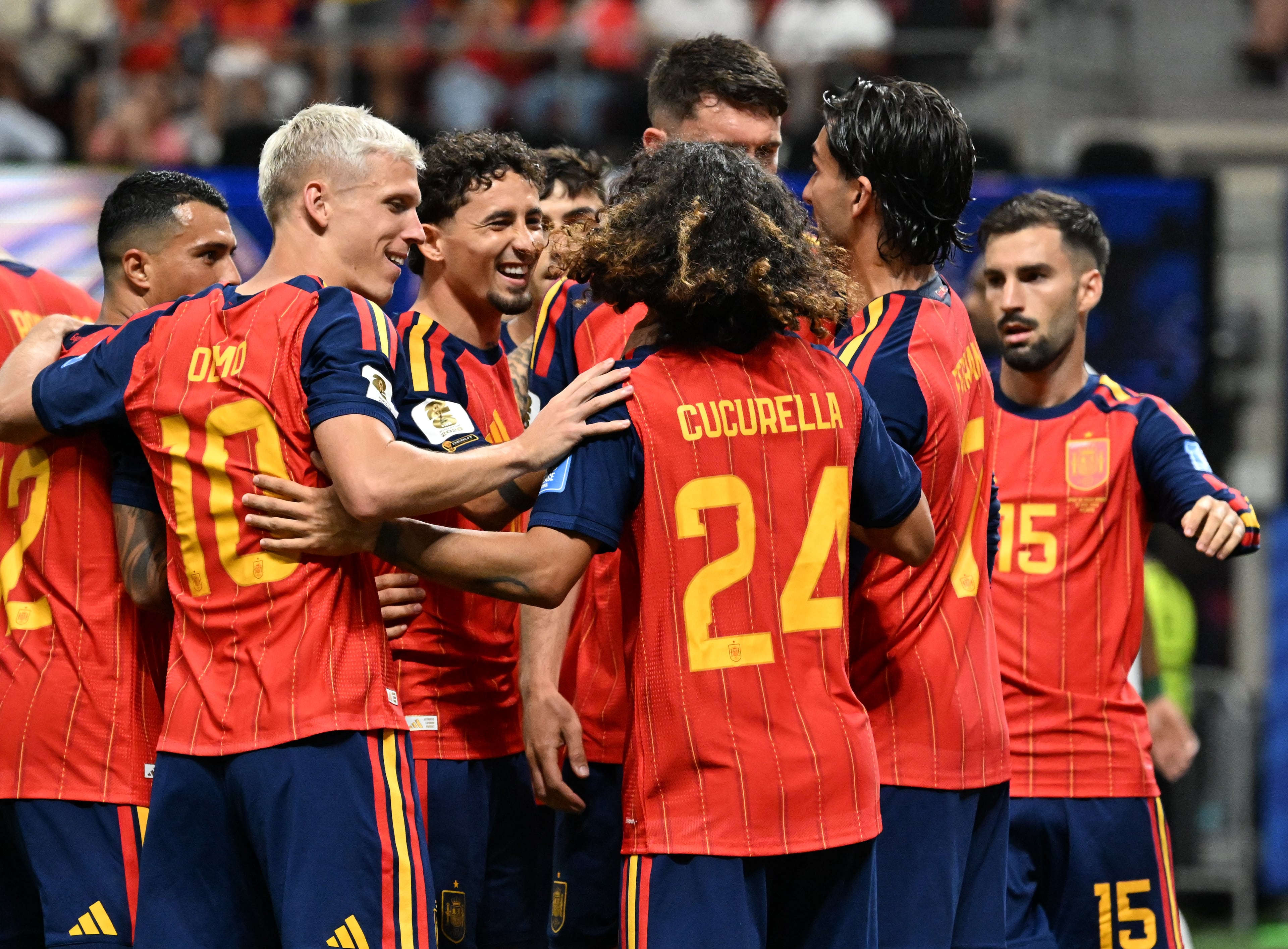 Spain players celebrates the goal by Marc Cucurella (center) during the second half of the Spain vs. Saudi Arabia World Cup match Sunday, June 21, 2026, at Atlanta Stadium. (Hyosub Shin/AJC)