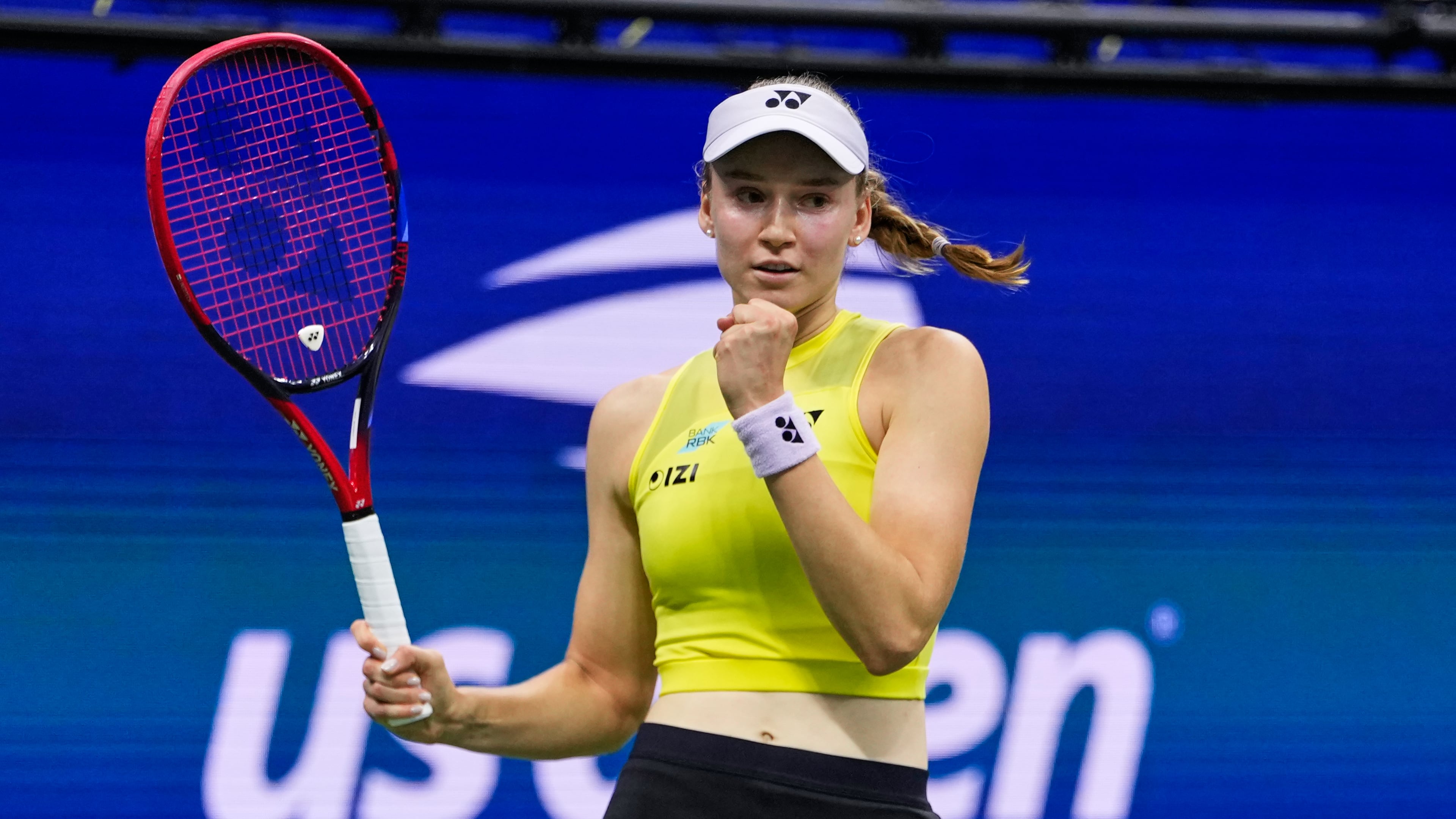 Elena Rybakina, of Kazakhstan, celebrates winning a match against Coco Gauff, of the United States, during the women's singles semifinals of the U.S. Open tennis championships, Thursday, Sept. 10, 2026, in New York. (AP Photo/Seth Wenig)
