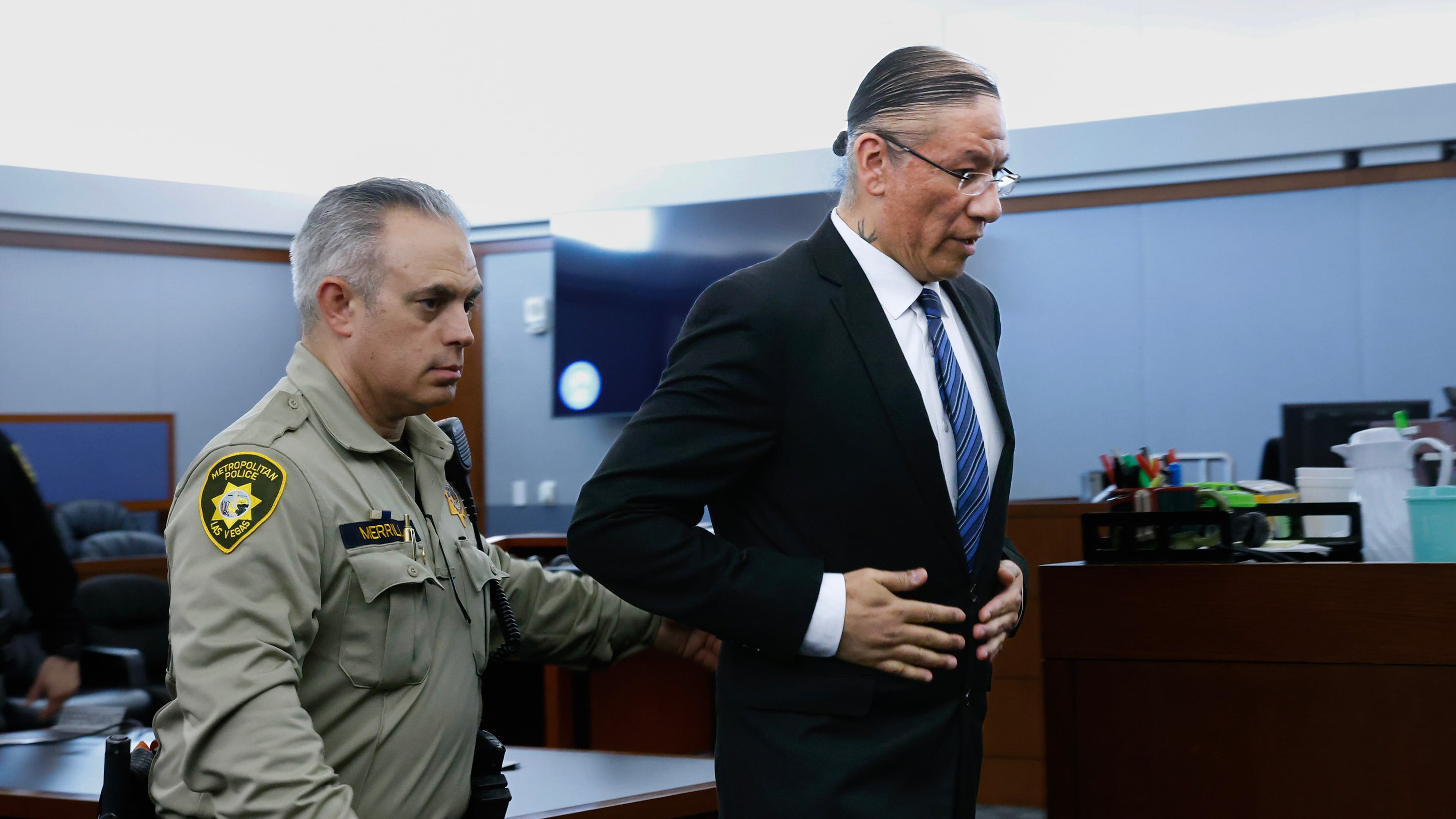 Nathan Chasing Horse is led out of a courtroom after a jury found him guilty of sexual assault at the Regional Justice Center in Las Vegas, on Friday, Jan 30, 2026. (Bizuayehu Tesfaye/Las Vegas Review-Journal via AP)