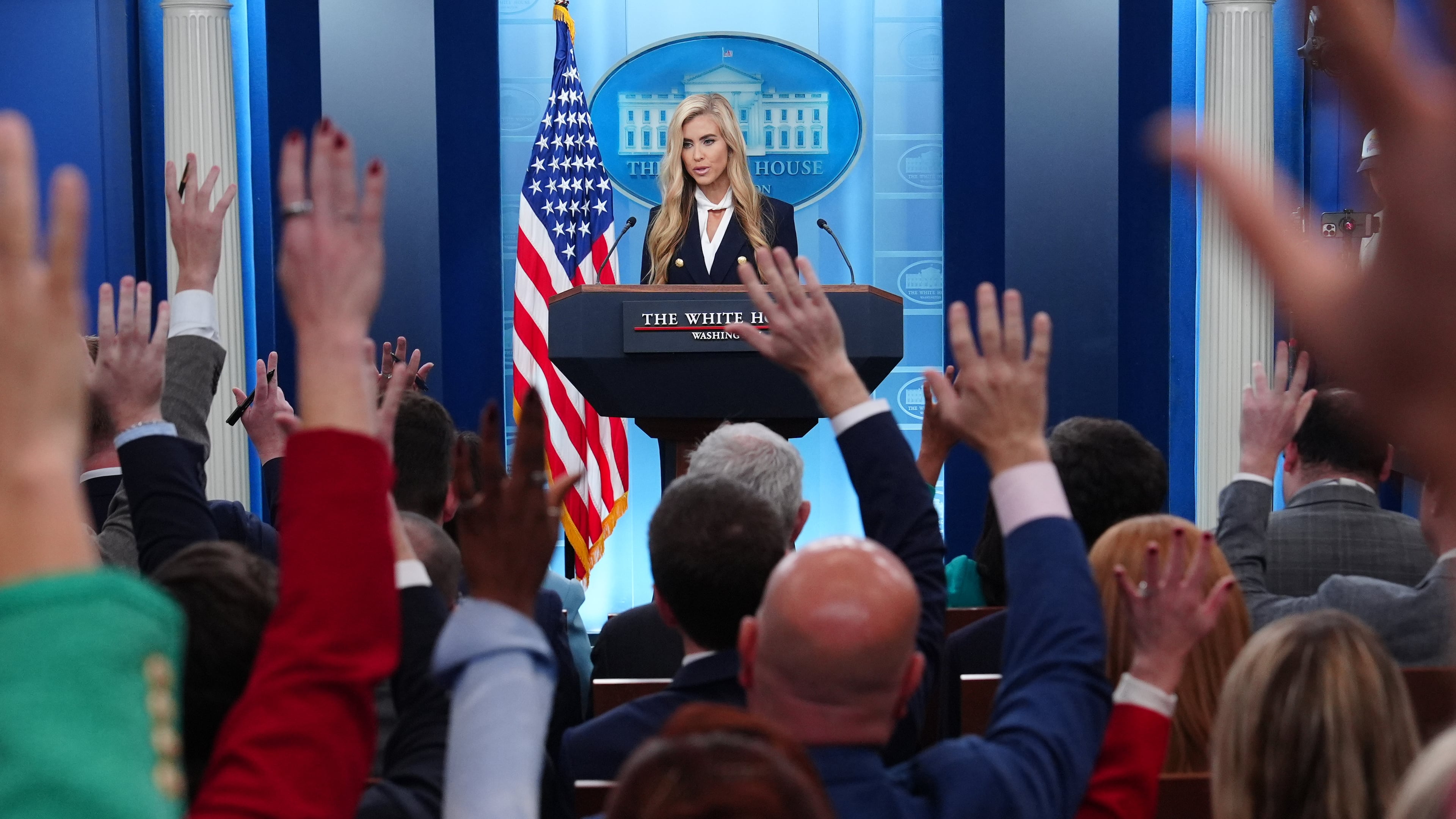 White House press secretary Katie Zacharia speaks with reporters in the James Brady Press Briefing Room at the White House, Tuesday, Oct. 13, 2026, in Washington. (AP Photo/Julia Demaree Nikhinson)