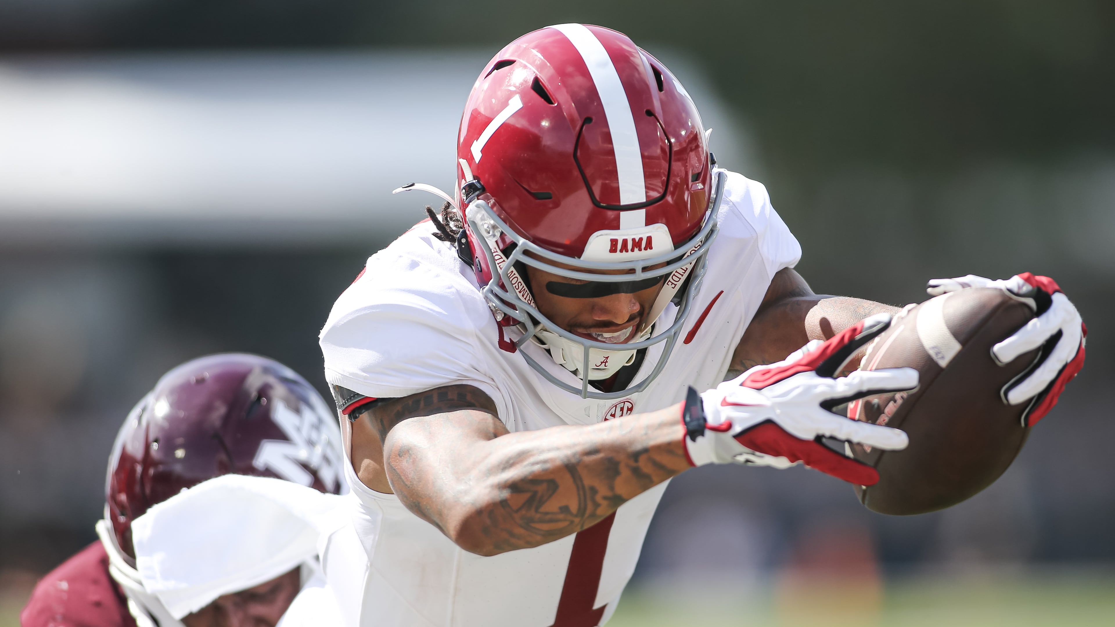 Alabama wide receiver Ryan Coleman-Williams (1) dives for a touchdown against Mississippi State during the first half of an NCAA college football game in Starkville, Miss., Saturday, Oct. 3, 2026. (AP Photo/James Pugh)