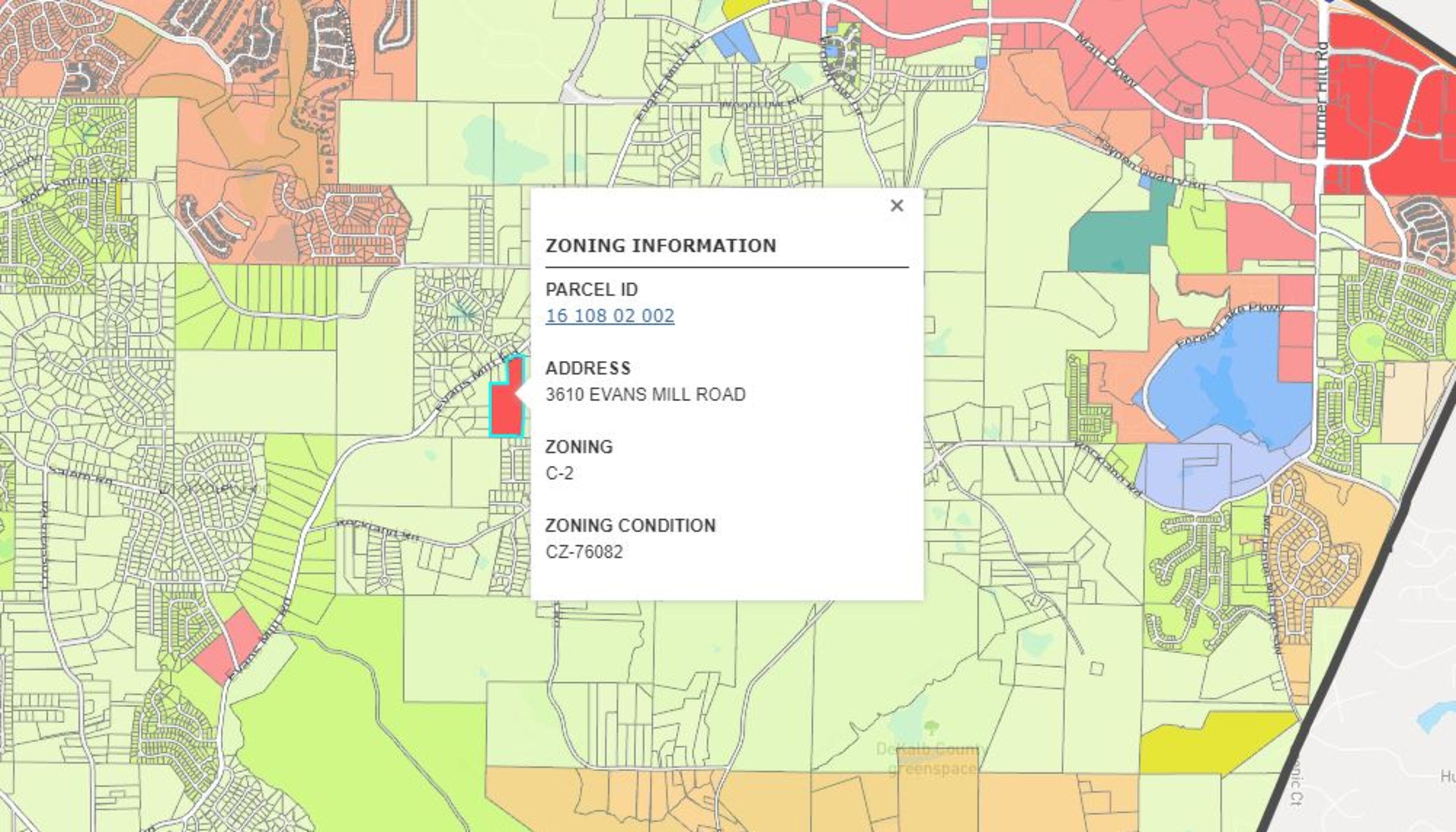 The conditional zoning code CZ-76082 refers to the condition that the land is commercially zoned for a summer daycare. (Photo: Screenshot via digital Stonecrest zoning map)