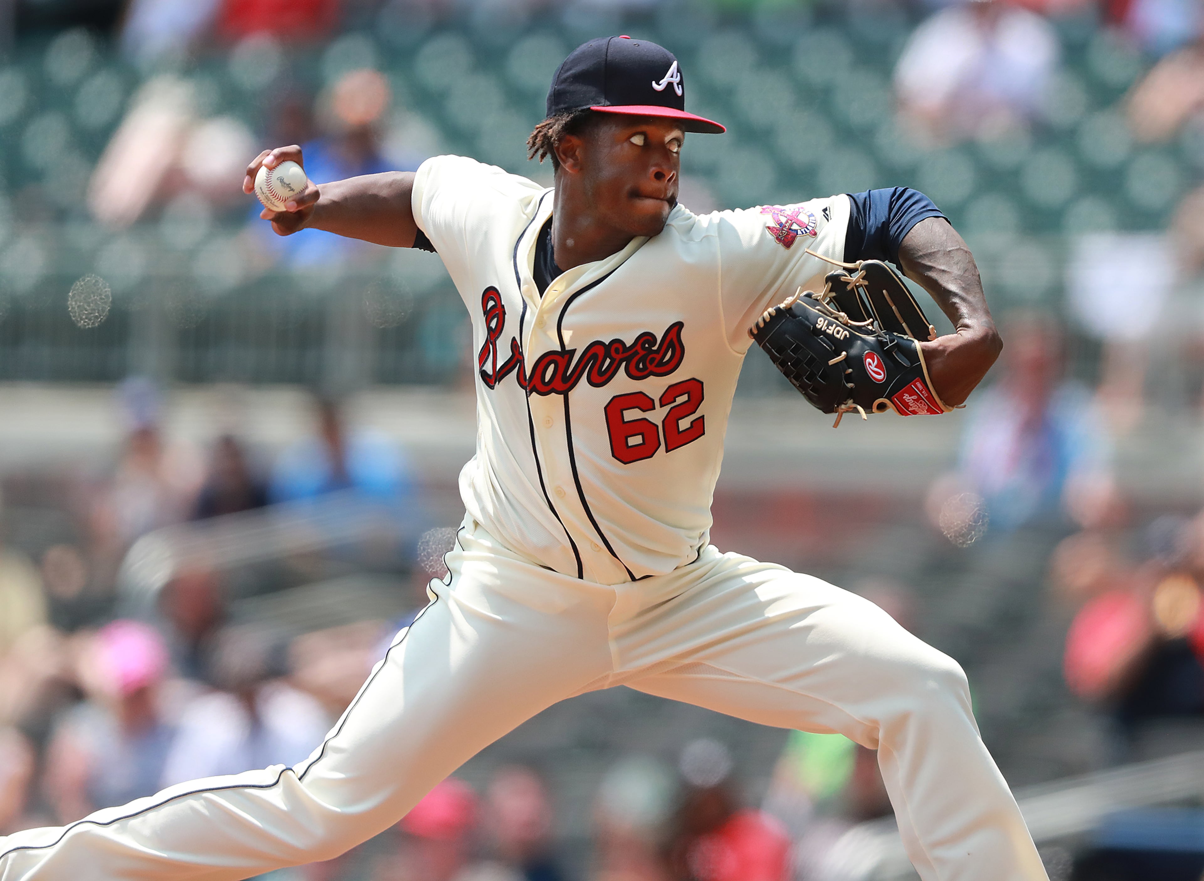 Touki Toussaint, making his MLB Debut, delivers a pitch against the Miami Marlins during the third inning in a MLB baseball game on Monday, August 13, 2018, in Atlanta. Curtis Compton/ccompton@ajc.com