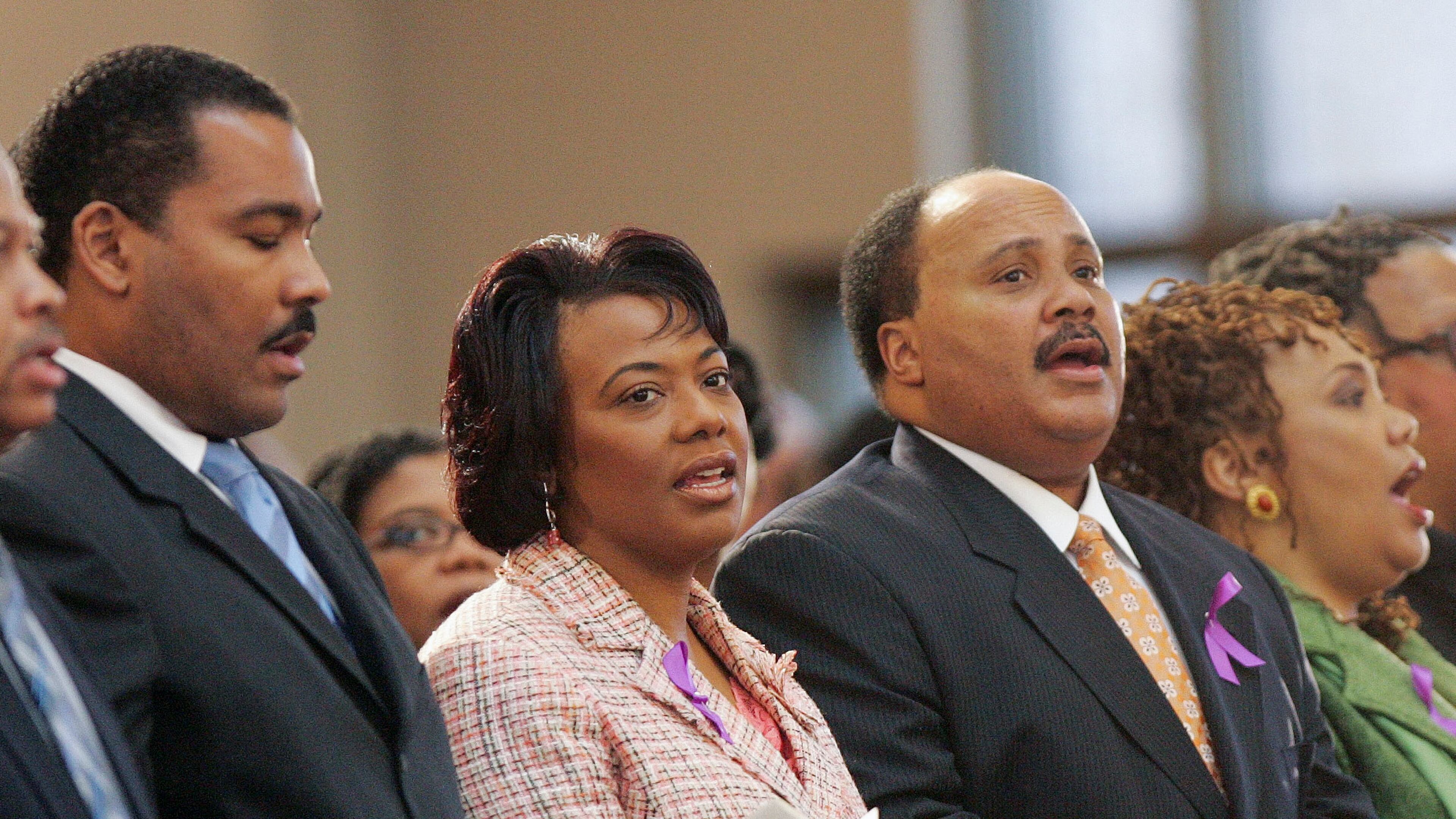 In this Feb. 6, 2006 file photo, the children of Martin Luther King Jr., and Coretta Scott King, left to right, Dexter Scott King, Rev. Bernice King, Martin Luther King III and Yolanda King participate in a musical tribute to their mother at the new Ebenezer Baptist Church in Atlanta. A judge in Atlanta is set to hear motions Tuesday, Jan. 13, 2015, in a lawsuit that pits Martin Luther King Jr.’s two sons against his daughter Bernice in a dispute over two of his most cherished items. (AP Photo/John Bazemore, File)