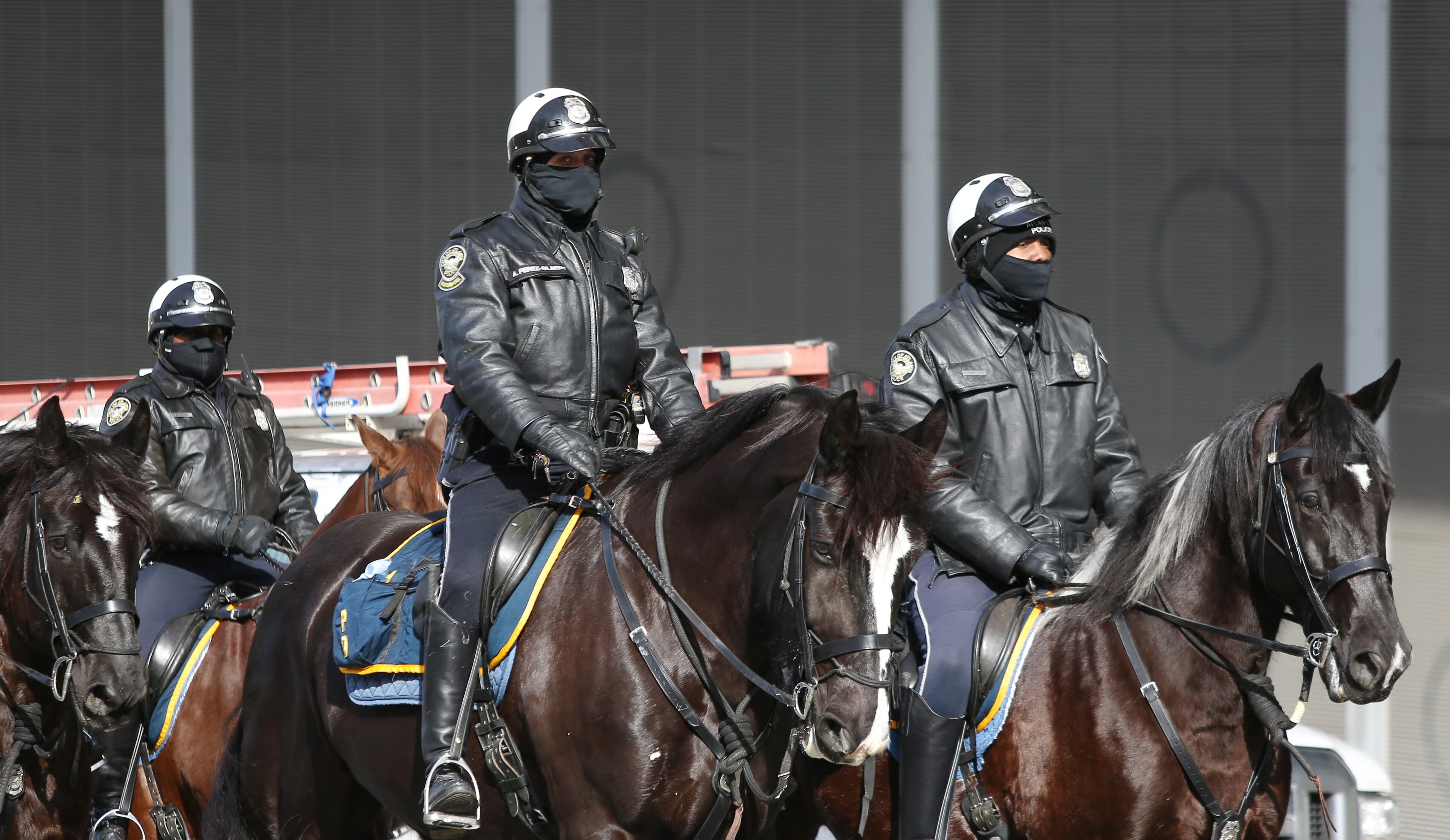 1/30/19 - Atlanta - Police mounted on horses ride down the streets of Downtown Atlanta on Wednesday, January 30. Atlanta police are increasing the number of officers in the area to ensure maximum security for the Super Bowl. EMILY HANEY / emily.haney@ajc.com