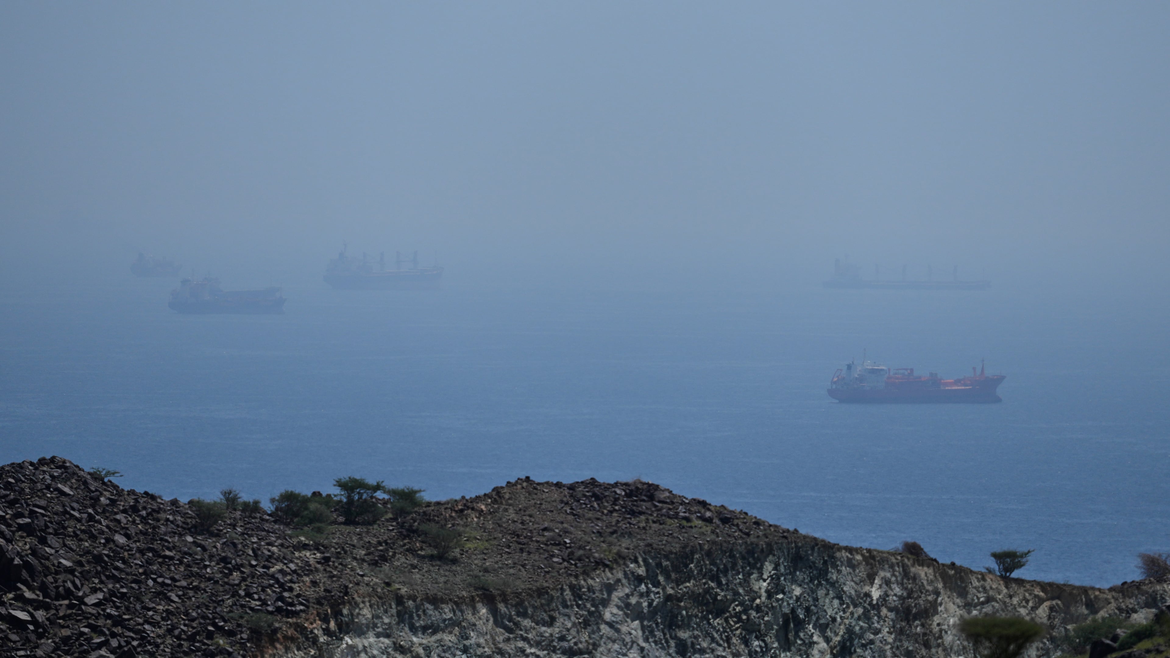 Tankers and bulk carriers anchored in the Strait of Hormuz, Saturday, April 18, 2026. (AP Photo)