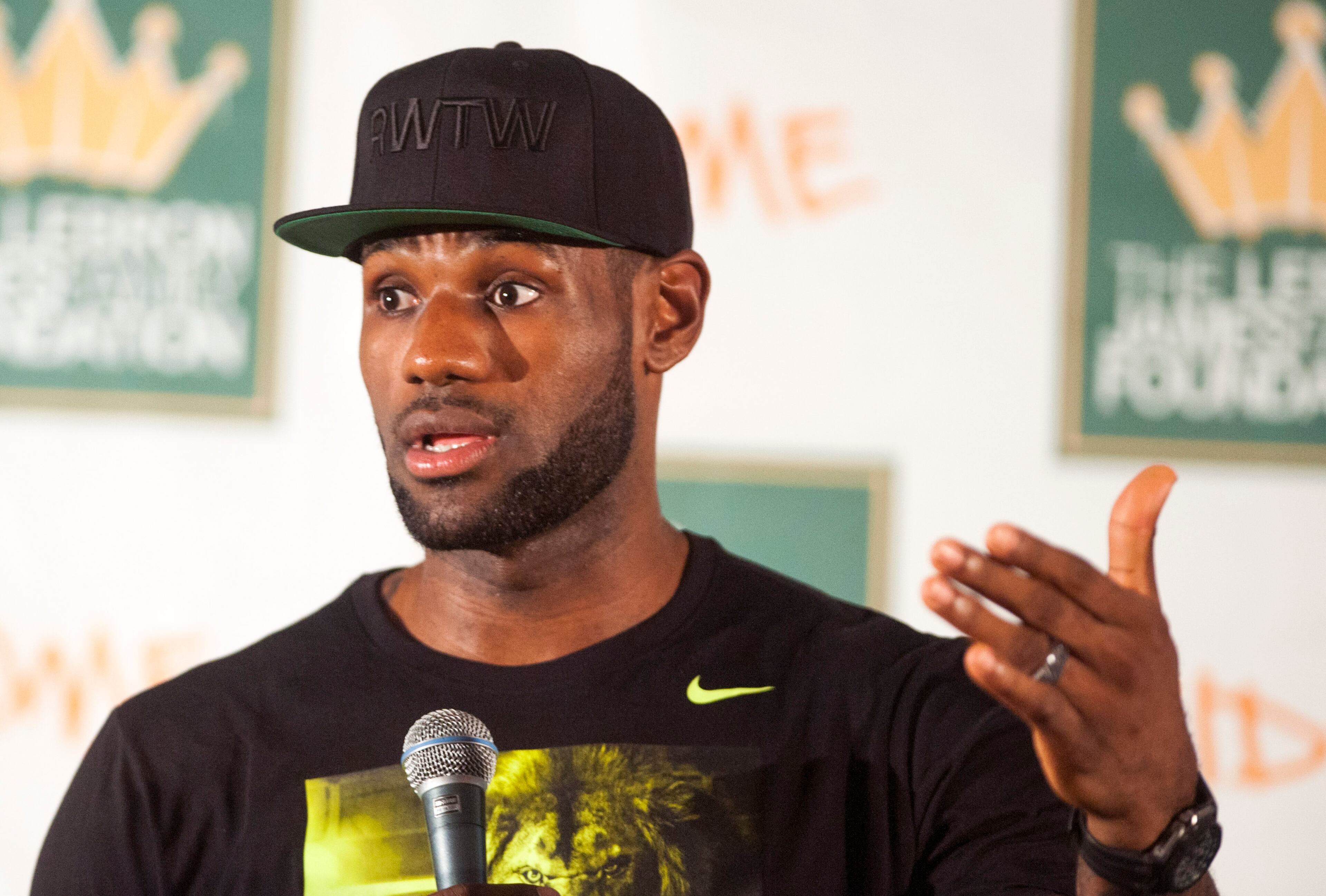 LeBron James speaks during a press conference at The University of Akron before the kickoff of his welcome ceremony at InfoCison Stadium at The University of Akron on August 8, 2014 in Akron, Ohio. (Photo by Ty Wright/Getty Images)