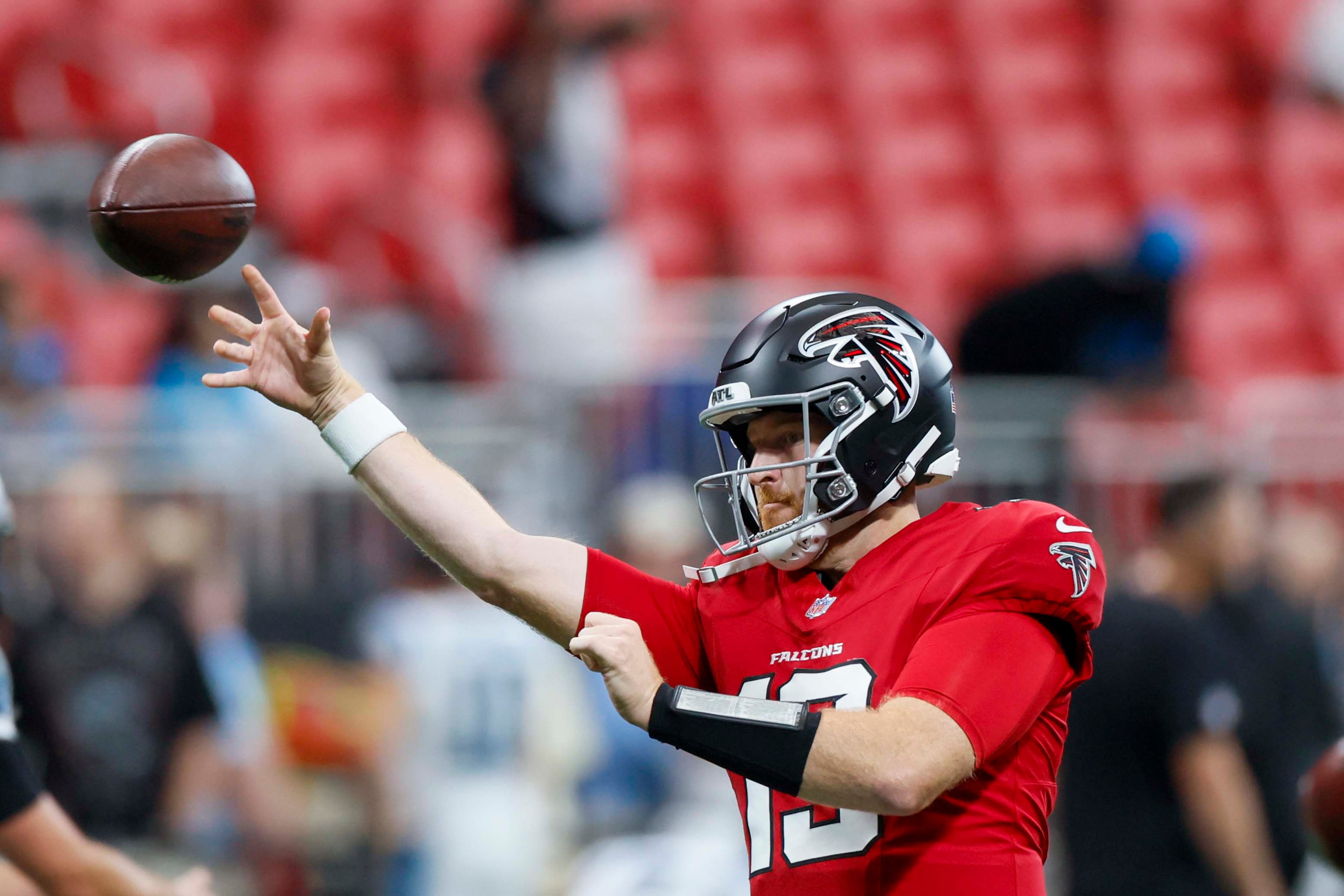 Atlanta Falcons quarterback Cooper Rush (13) attempts a pass during warm-ups before the game against the Carolina Panthers at Mercedes-Benz Stadium in Atlanta on Sunday, September 20, 2026.(Miguel Martinez/AJC)