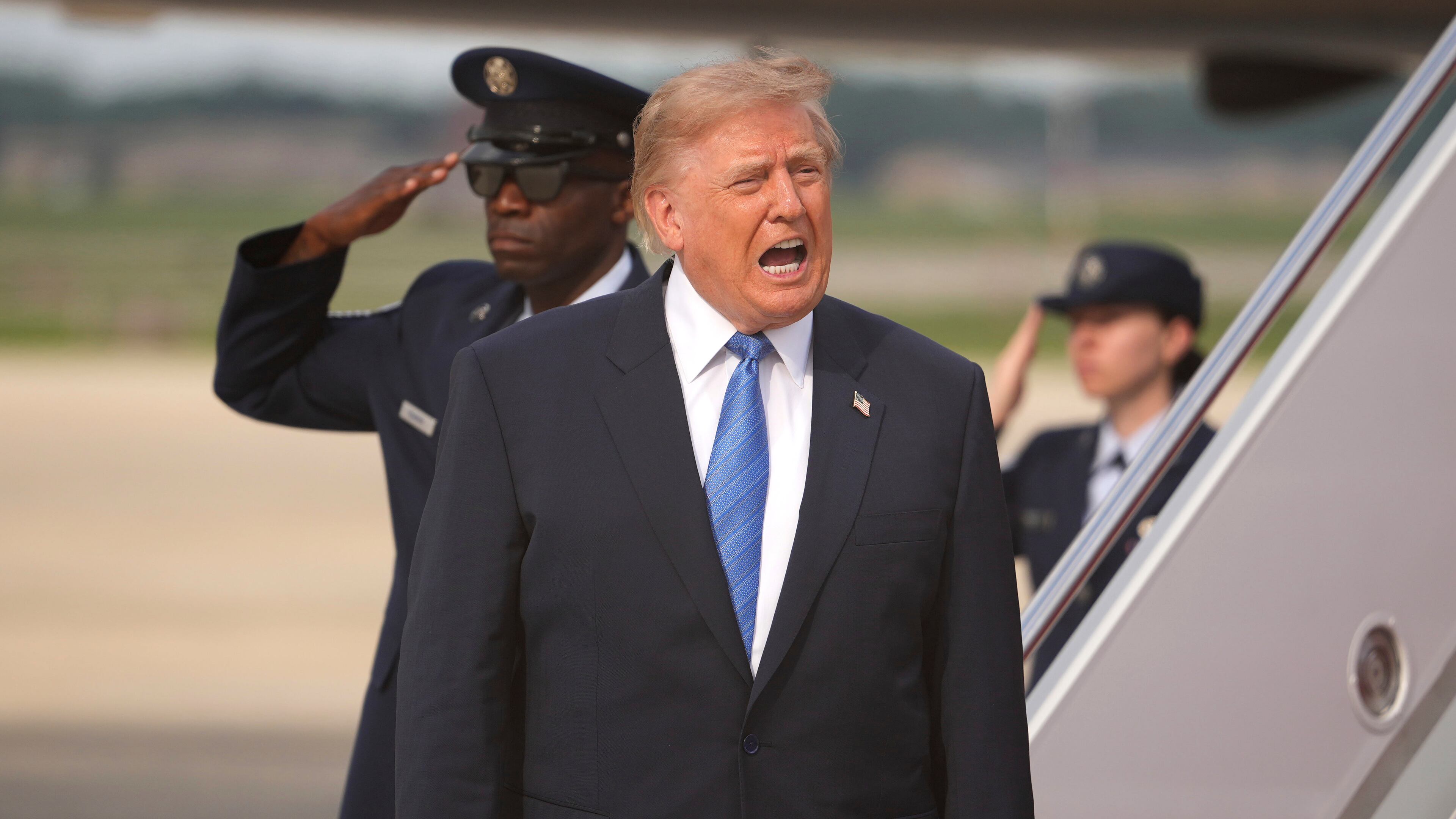 President Donald Trump speaks after arriving on Air Force One, Friday, Aug. 28, 2026, at Joint Base Andrews, Md. (AP Photo/Mark Schiefelbein)