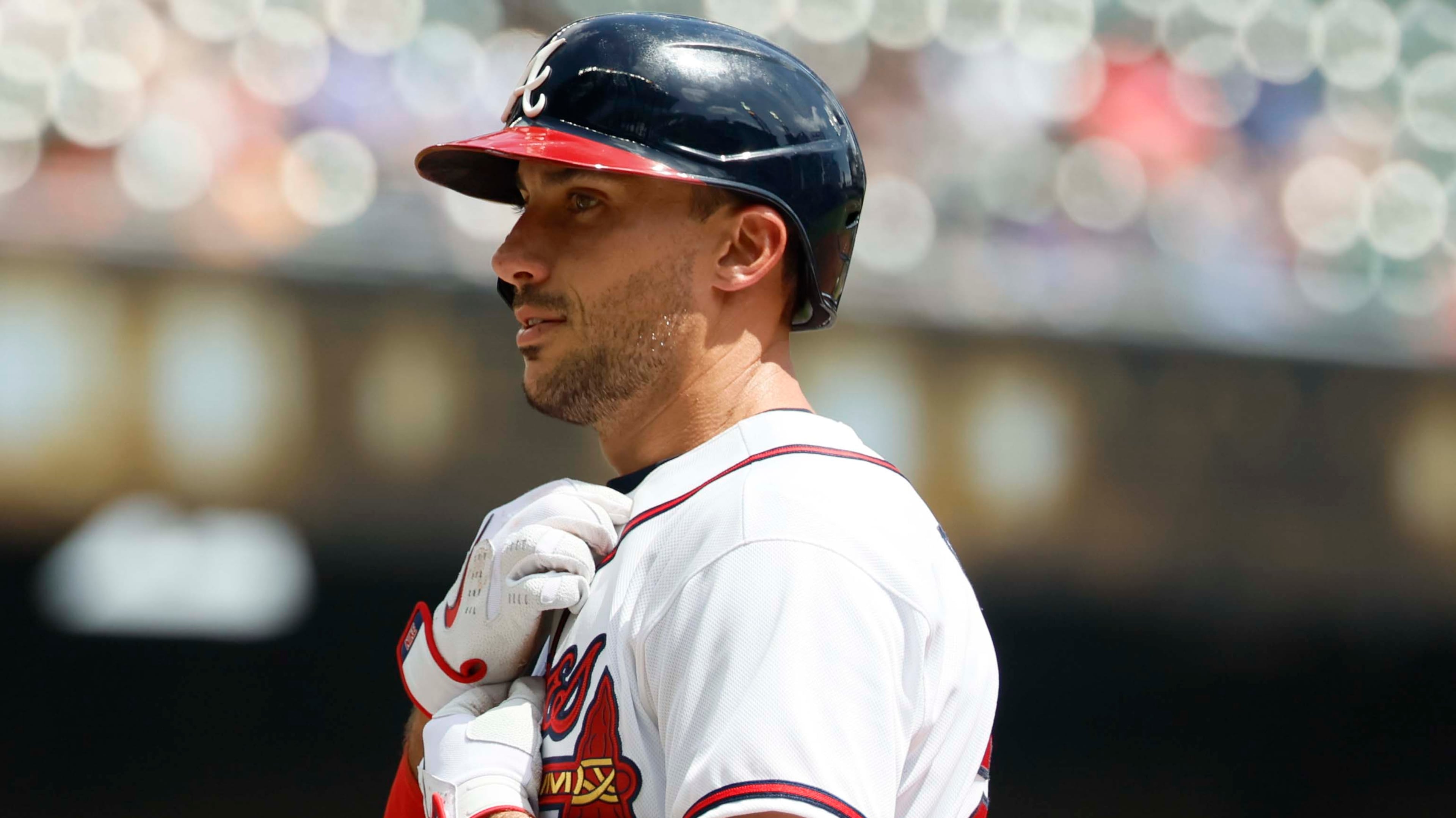 The Braves' Matt Olson reacts after hitting an RBI single during the fourth inning against the Athletics at Truist Park on Wednesday, April 1, 2026, in Atlanta. (Miguel Martinez/AJC)