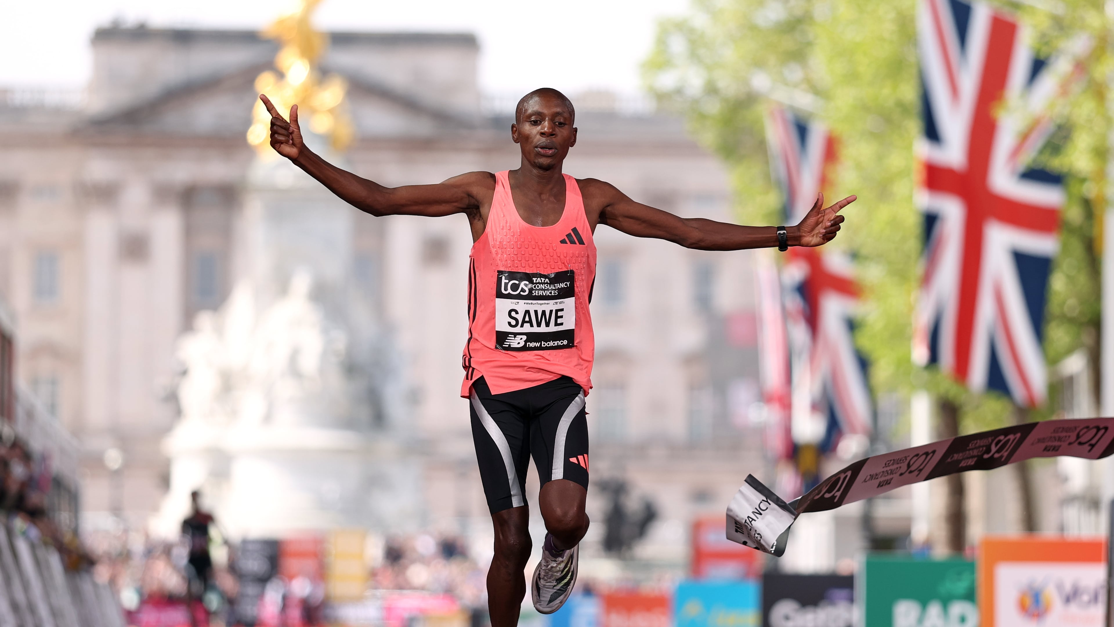 Sebastian Sawe from Kenya crosses the finish line to win the men's race at the London Marathon in London, Sunday, April 26, 2026.(AP Photo/Ian Walton)