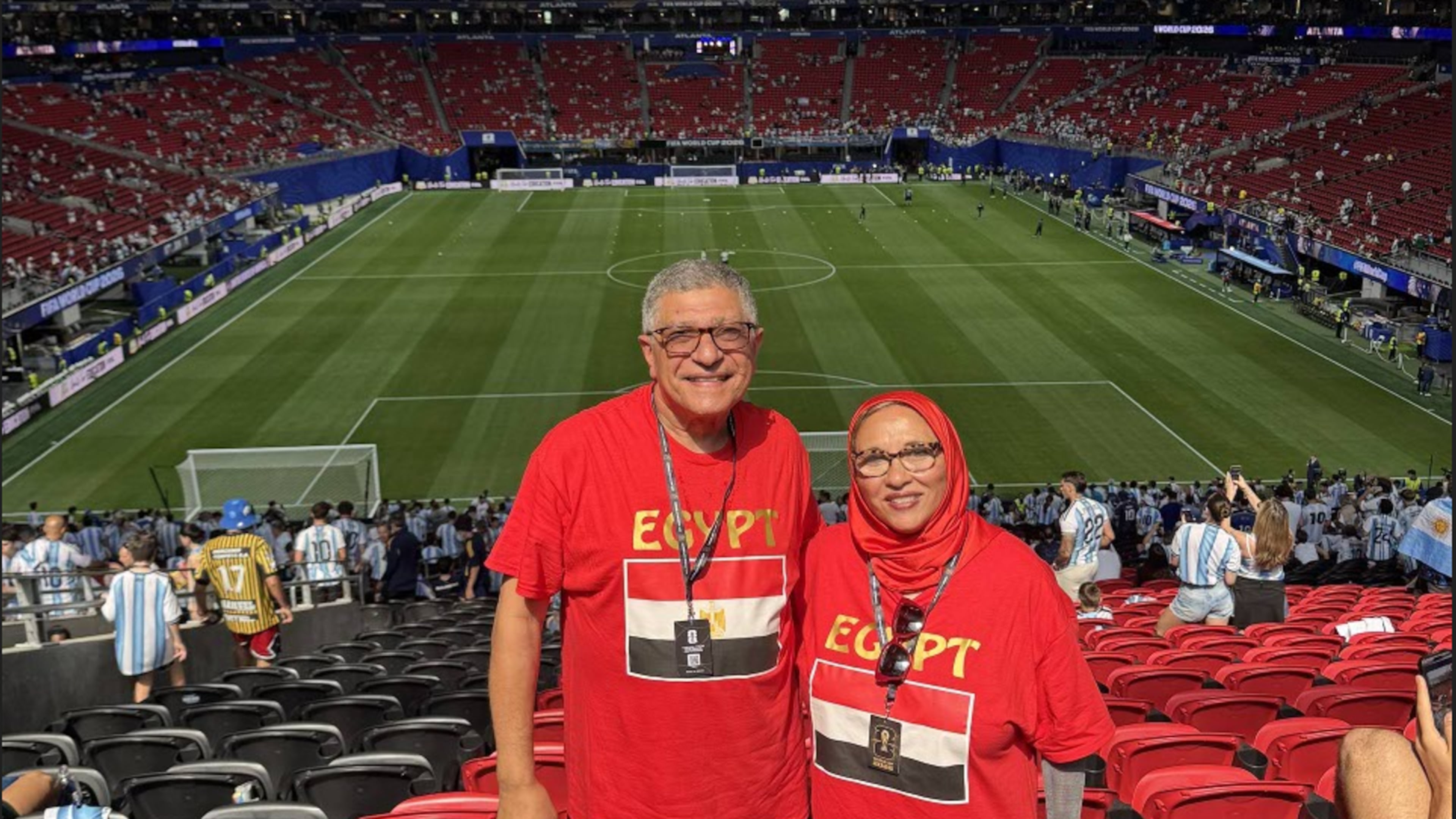 Soumaya Khalifa (right) and her husband Mohamed attend the World Cup match between Egypt and Argentina at Atlanta Stadium on July 7, 2026. (Courtesy of Soumaya Khalifa)