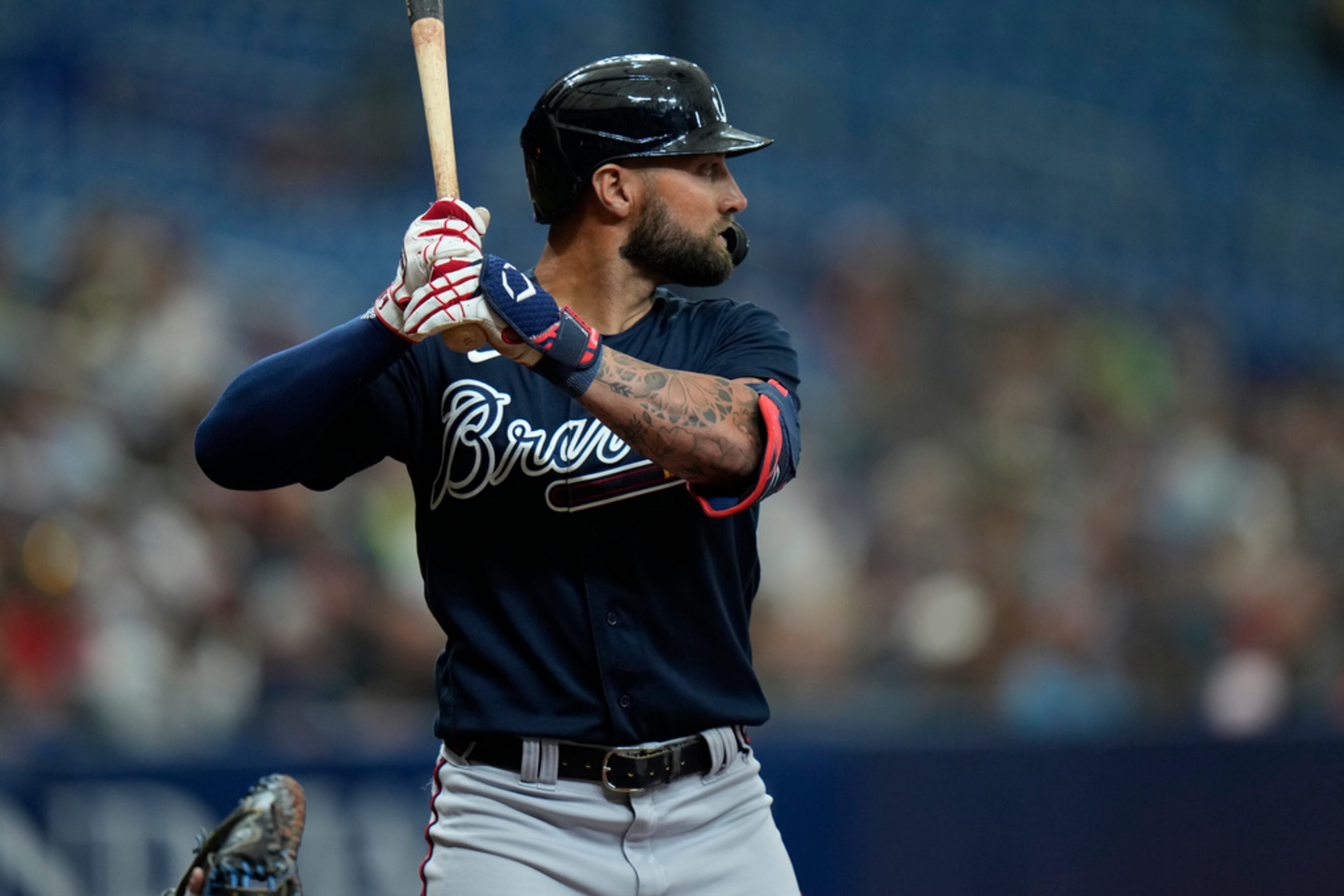 Atlanta Braves' Kevin Pillar against the Tampa Bay Rays during the second inning of a spring training baseball game Friday, March 10, 2023, in St. Petersburg, Fla. (AP Photo/Chris O'Meara)