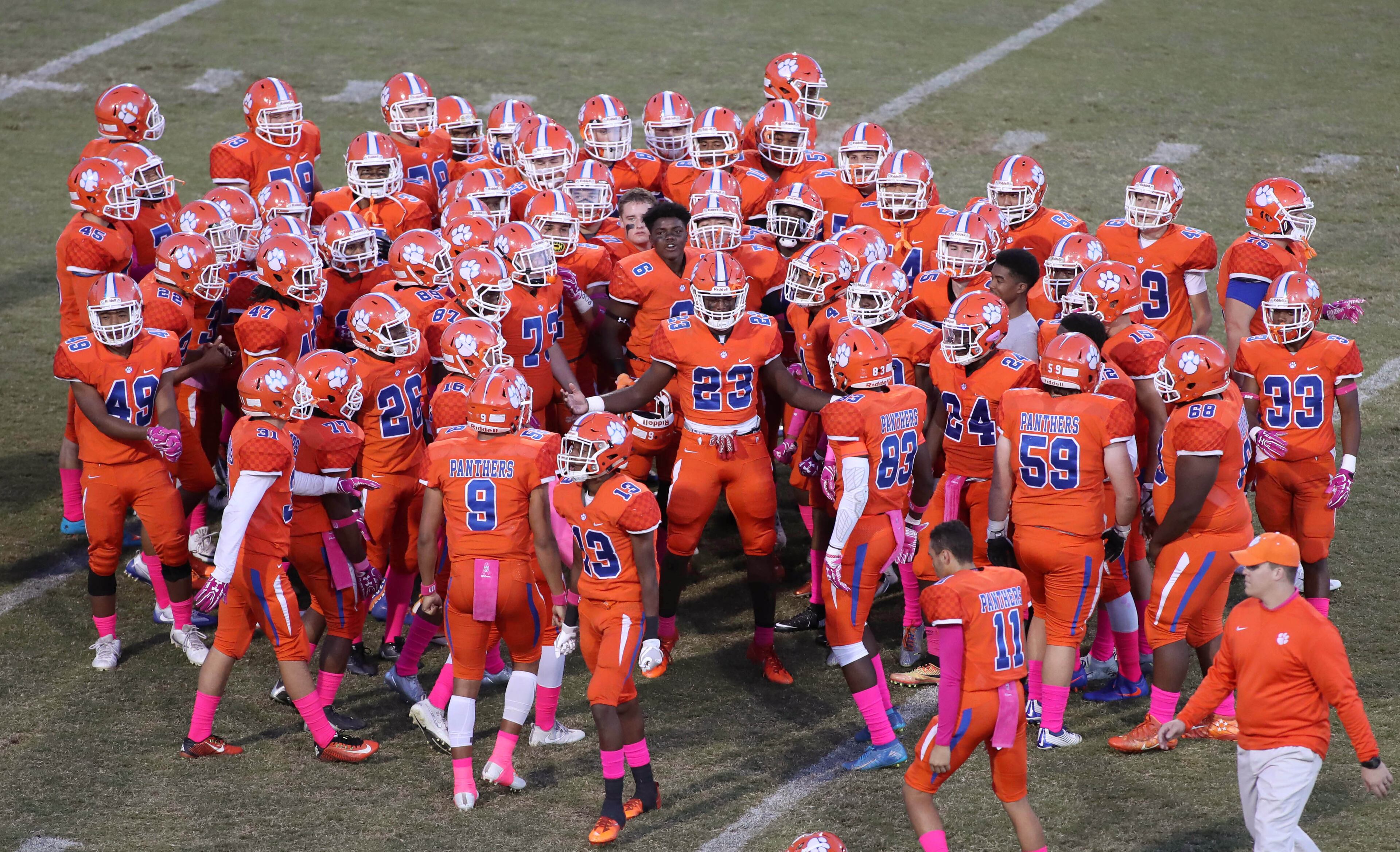October 20, 2017 - Lilburn, Ga: Parkview wide receiver Miles Marshall (23) gets the team fired up before their game against Brookwood at Parkview High School Friday, October 20, 2017, in Lilburn, Ga.. PHOTO / JASON GETZ