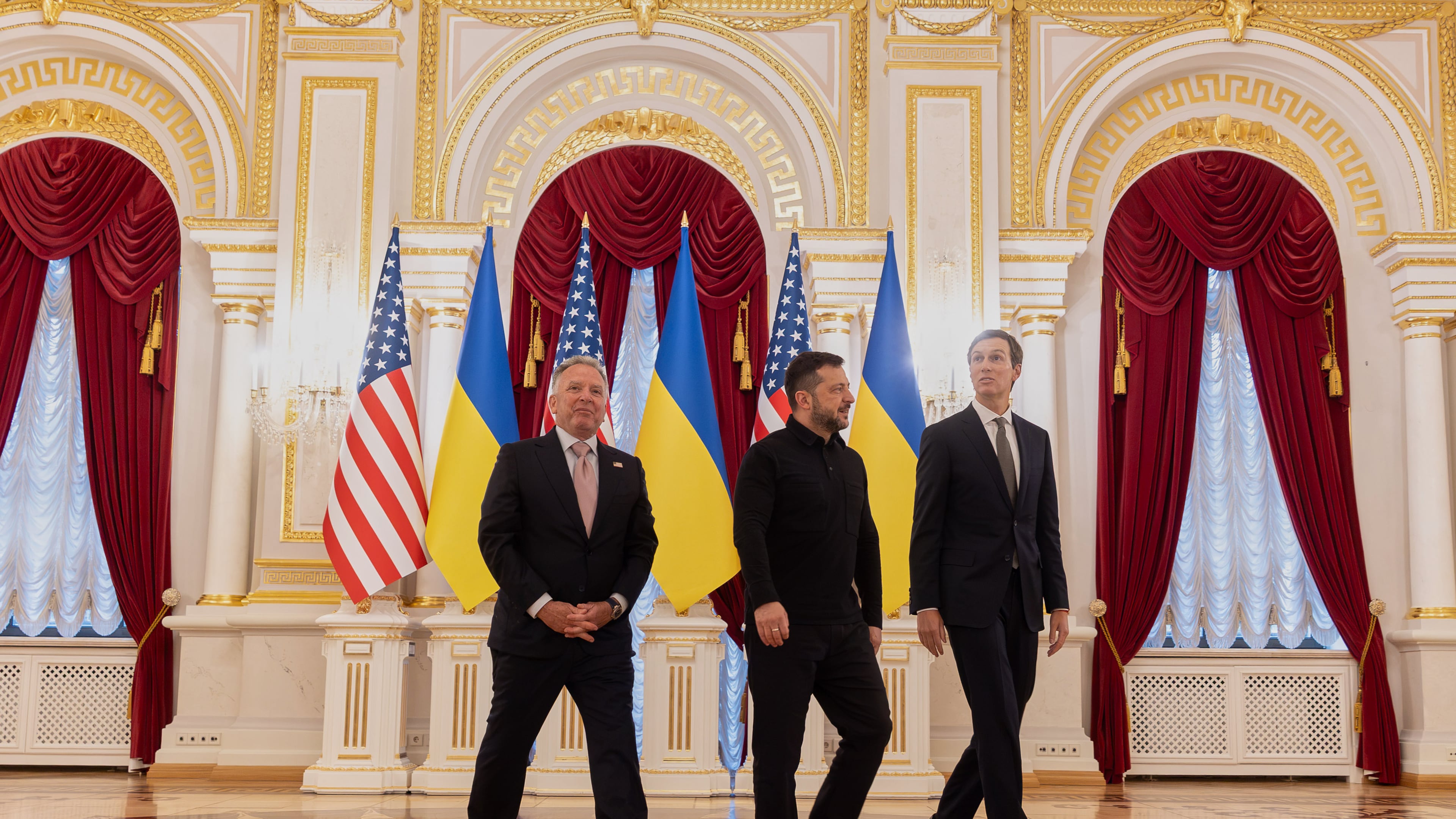 In this photo provided by the Ukrainian Presidential Press Office, Ukraine's President Volodymyr Zelenskyy, center, walks with U.S. President Donald Trump's envoys Jared Kushner, right, and Steve Witkoff at Mariinsky palace in Kyiv, Ukraine, Sunday, Sept. 6, 2026. (Ukrainian Presidential Press Office via AP)