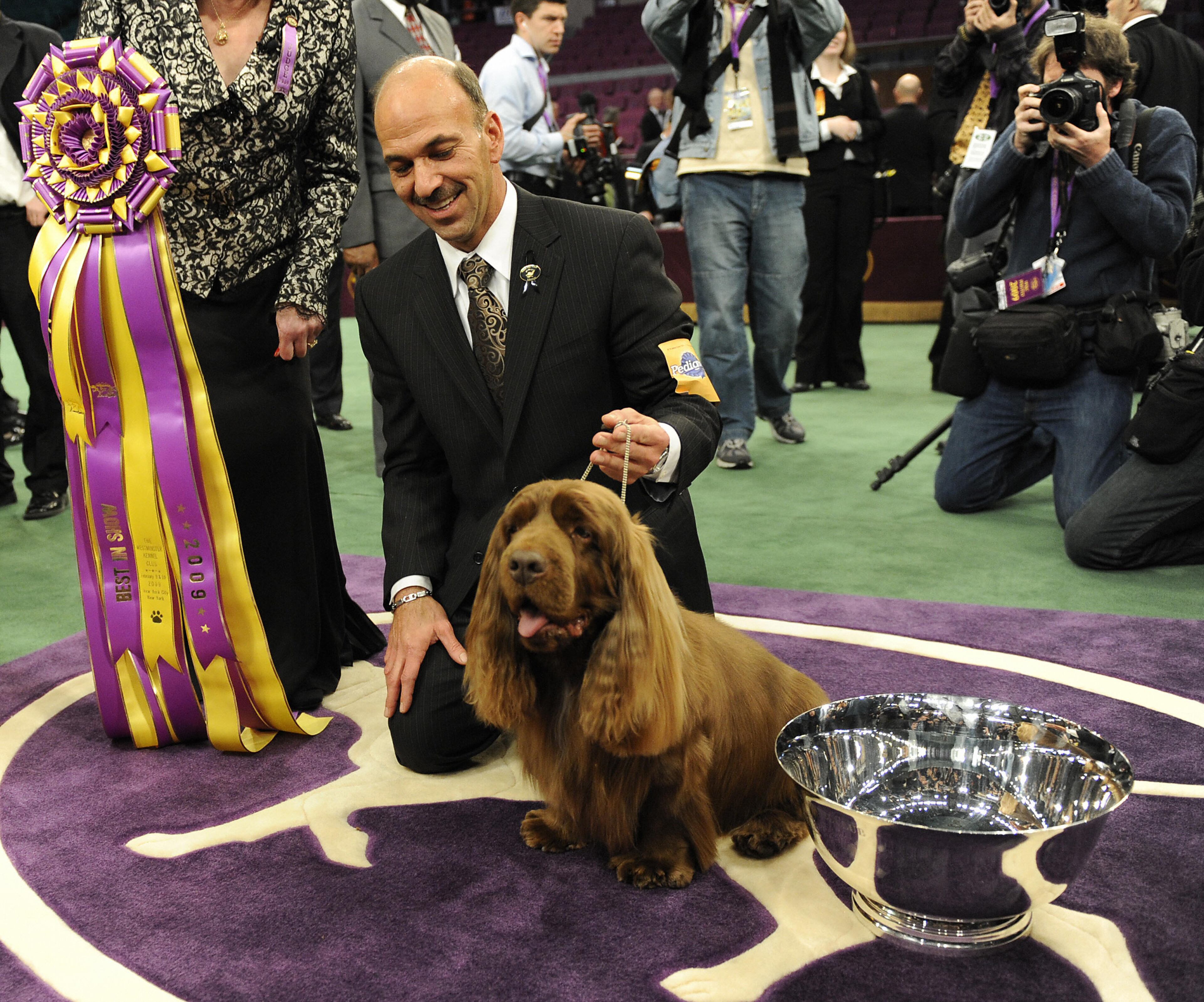 Scott Sommer is pictured with Stump the Sussex Spaniel after winning "Best In Show" during the 2009 133rd Westminster Kennel Club dog show at Madison Square Garden in New York February 10, 2009. AFP PHOTO / TIMOTHY A. CLARY (Photo credit should read TIMOTHY A. CLARY/AFP/Getty Images)