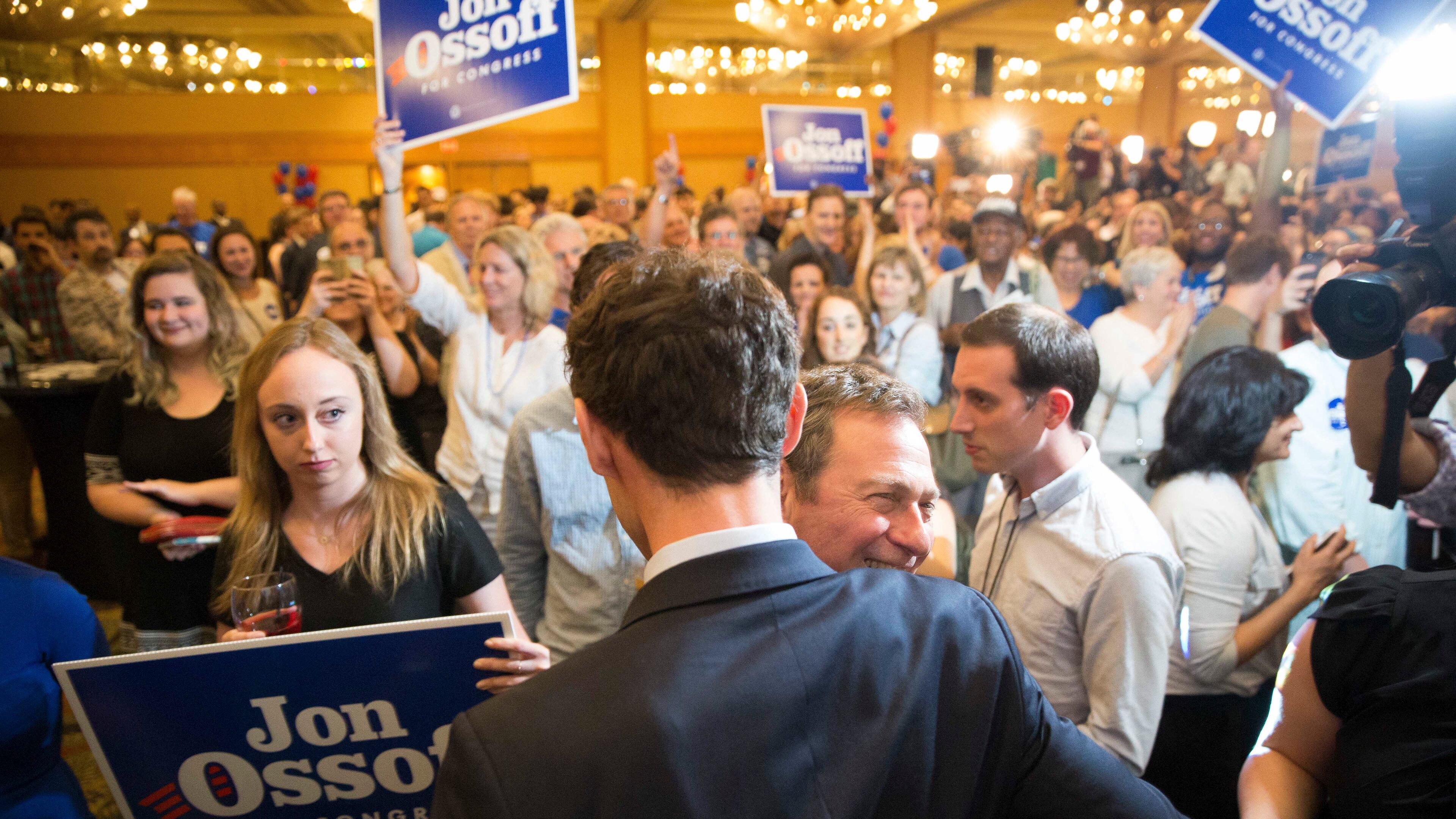 Jon Ossoff, the Democratic candidate in Georgias Sixth Congressional District, leaves the stage after speaking to supporters at an election night event in Sandy Springs, an Atlanta suburb, late Tuesday, April 18, 2017. Ossoff narrowly missed winning outright in the heavily conservative House district Wednesday. He will face Karen Handel, a Republican, in a runoff election in June. (Kevin D. Liles/The New York Times)