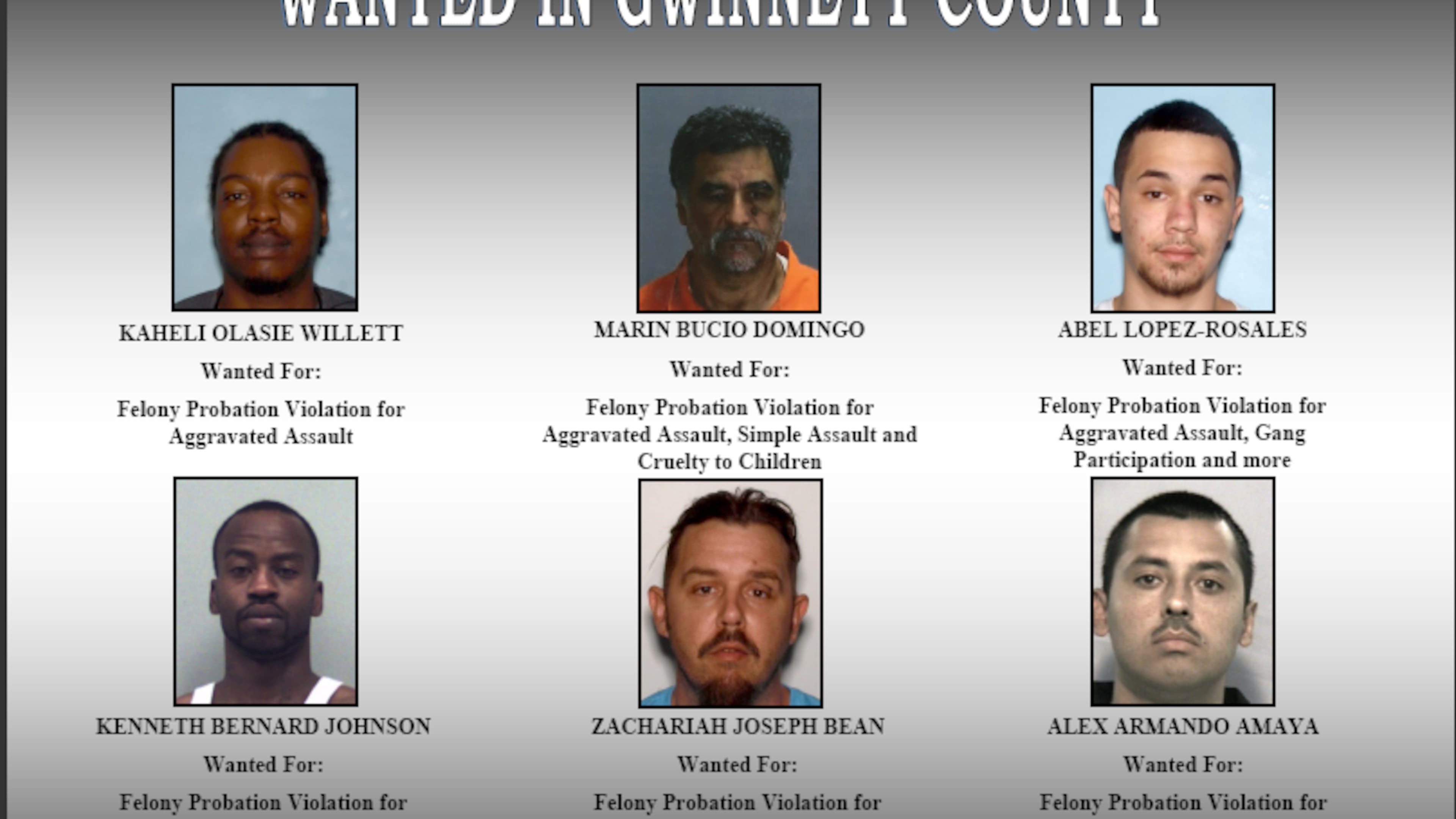The Gwinnett County Sheriff's Office is seeking these six suspects on outstanding warrants.