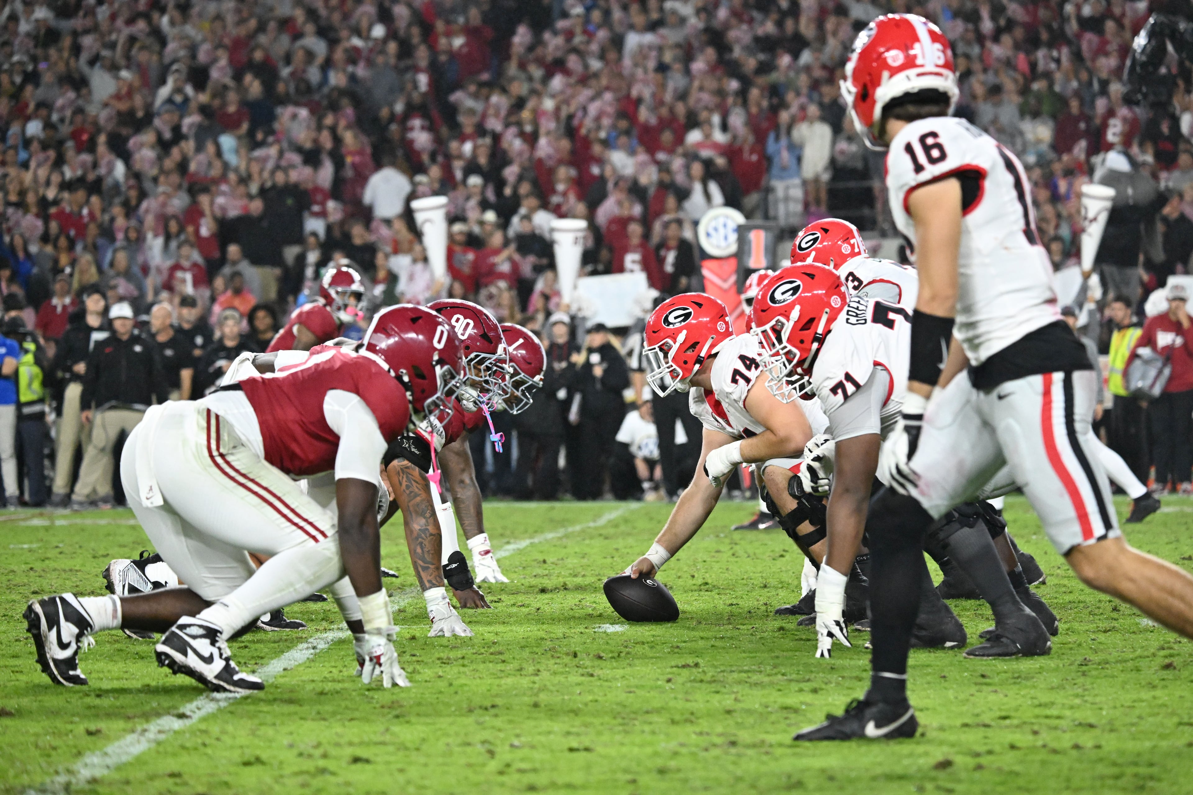 Georgia and Alabama line up at the line of scrimmage during the first half in an NCAA football game at Bryant-Denny Stadium on Saturday, Oct. 10, 2026, in Tuscaloosa, Alabama. (Hyosub Shin/AJC)