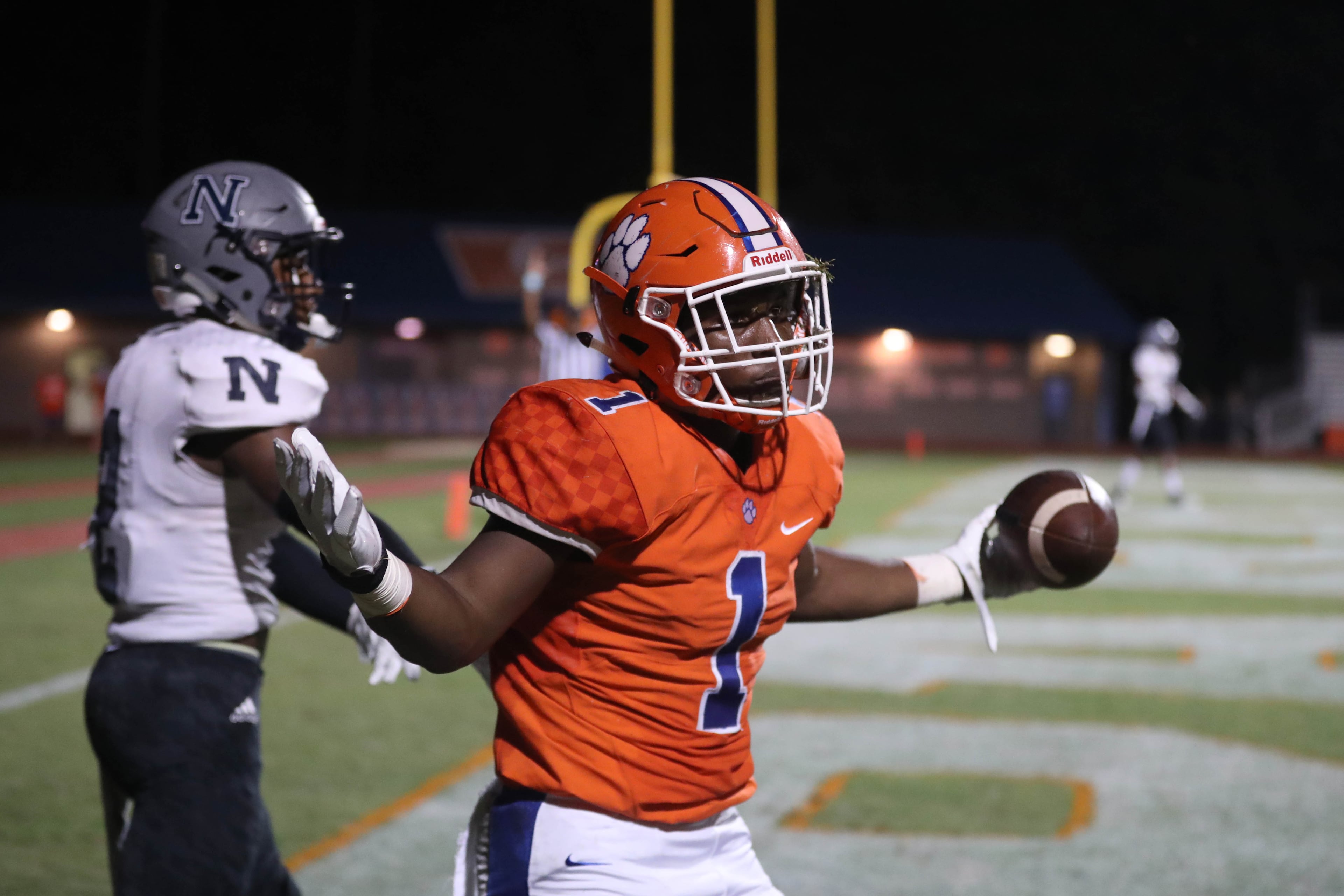 Friday Night football: Parkview wide receiver Malik Washington celebrates his touchdown catch in the first half of Friday's game against Gwinnett rival Norcross. (Jason Getz/Special)