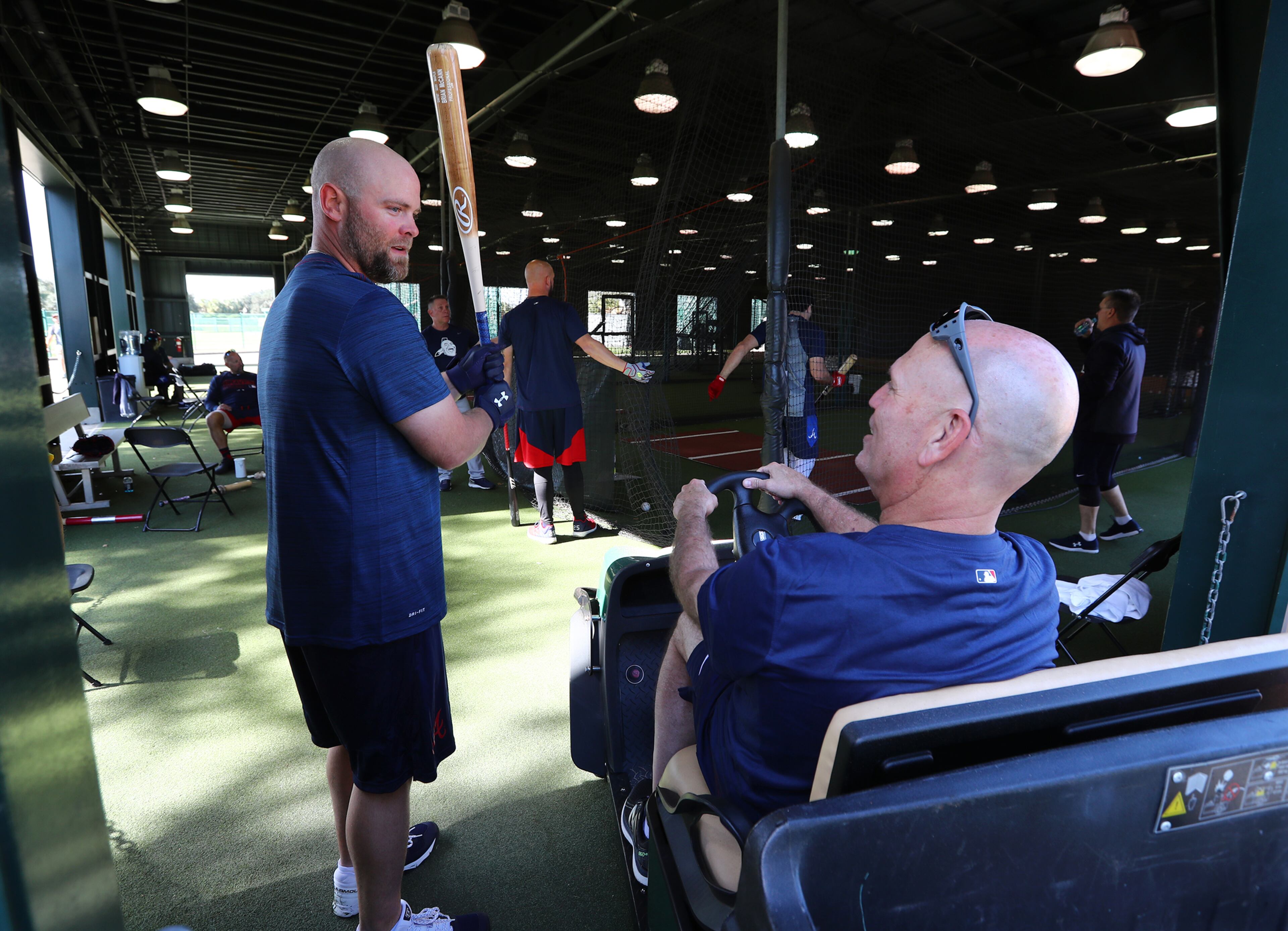 Brian chats with Brian: Braves manager Brian Snitker relaxes while chatting with catcher Brian McCann Friday during the first day of spring training. (Curtis Compton/ccompton@ajc.com)