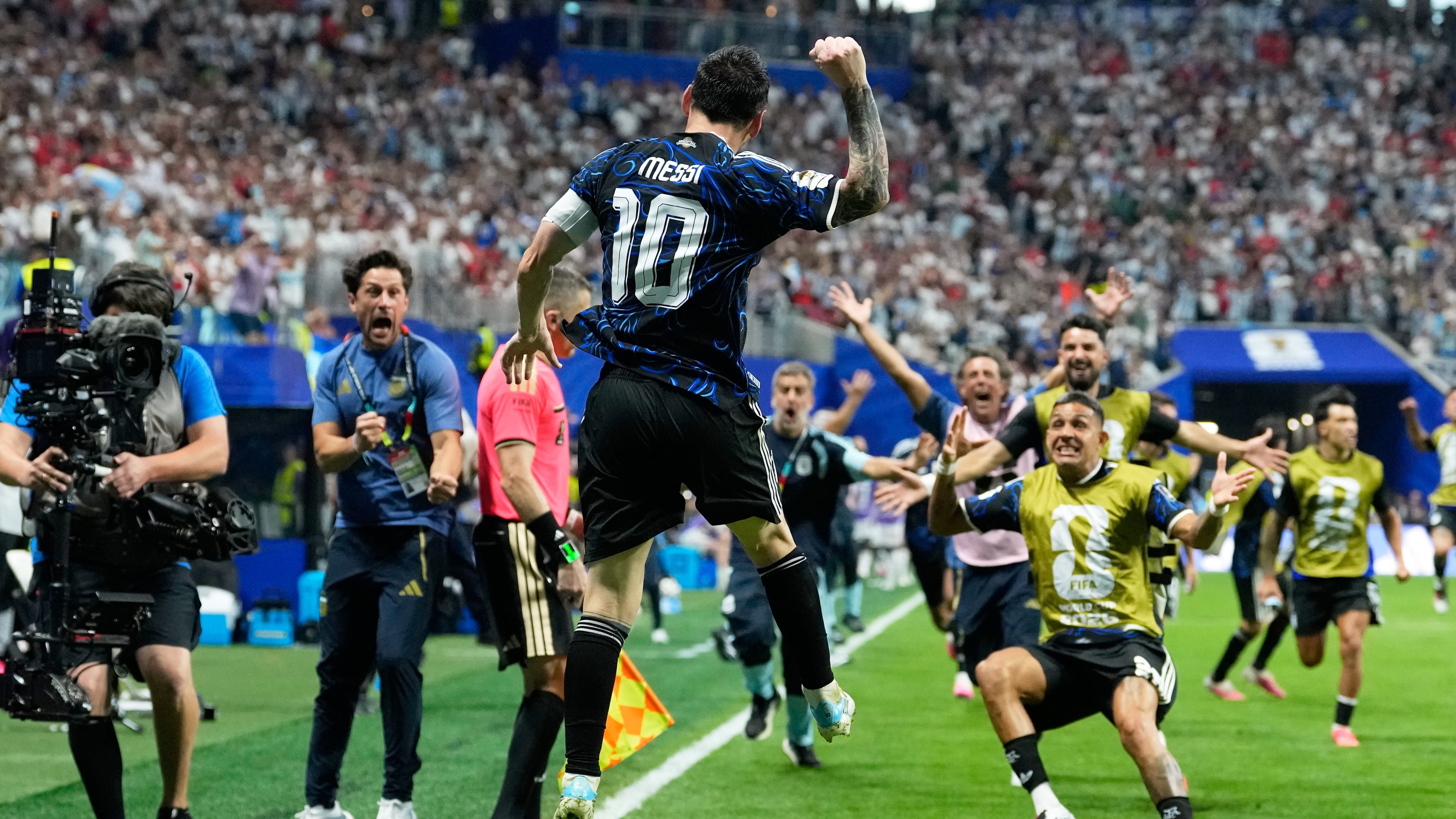 Argentina's Lionel Messi celebrates after teammate Lautaro Martinez scored their side's second goal during the World Cup semifinal soccer match between England and Argentina in Atlanta, Wednesday, July 15, 2026. (AP Photo/Rebecca Blackwell)