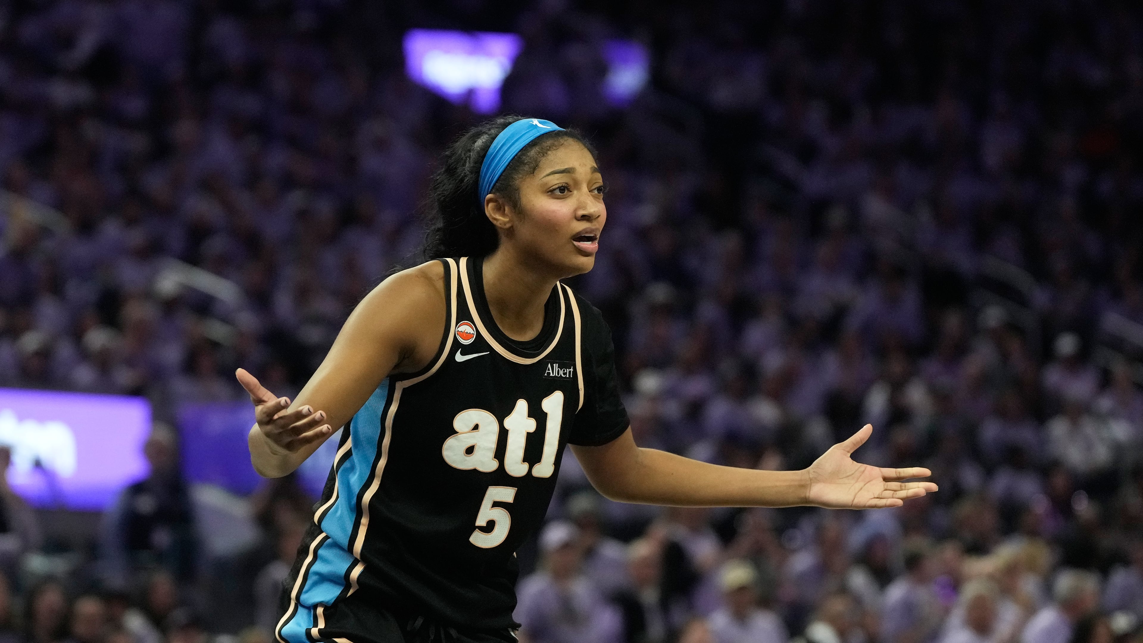 Atlanta Dream forward Angel Reese (5) reacts after being called for a foul during the second half of Game 5 of the WNBA basketball finals against the Golden State Valkyries, Monday, Oct. 26, 2026, in San Francisco. (Jeff Chiu/AP)