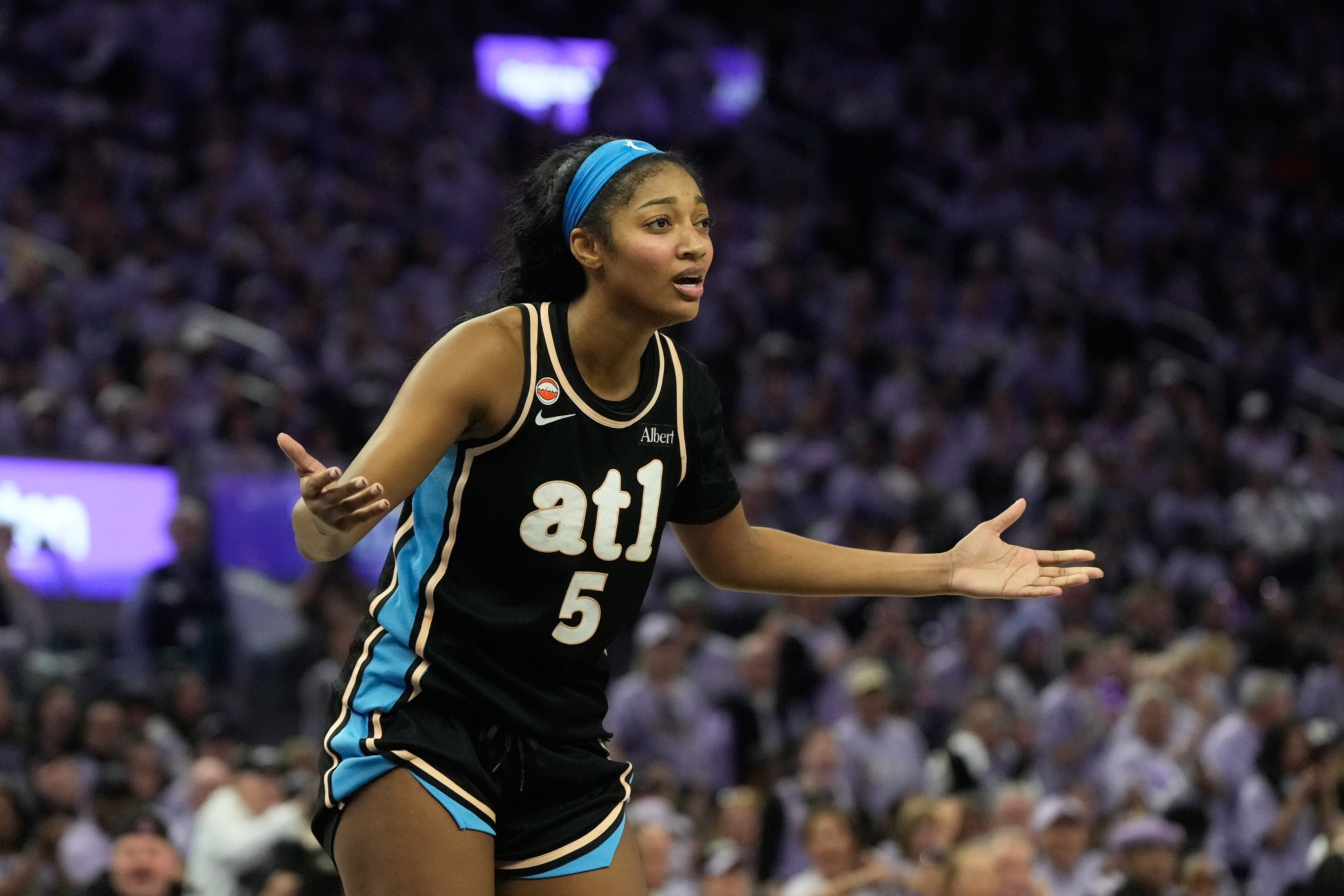 Atlanta Dream forward Angel Reese (5) reacts after being called for a foul during the second half of Game 5 of the WNBA basketball finals against the Golden State Valkyries, Monday, Oct. 26, 2026, in San Francisco. (Jeff Chiu/AP)