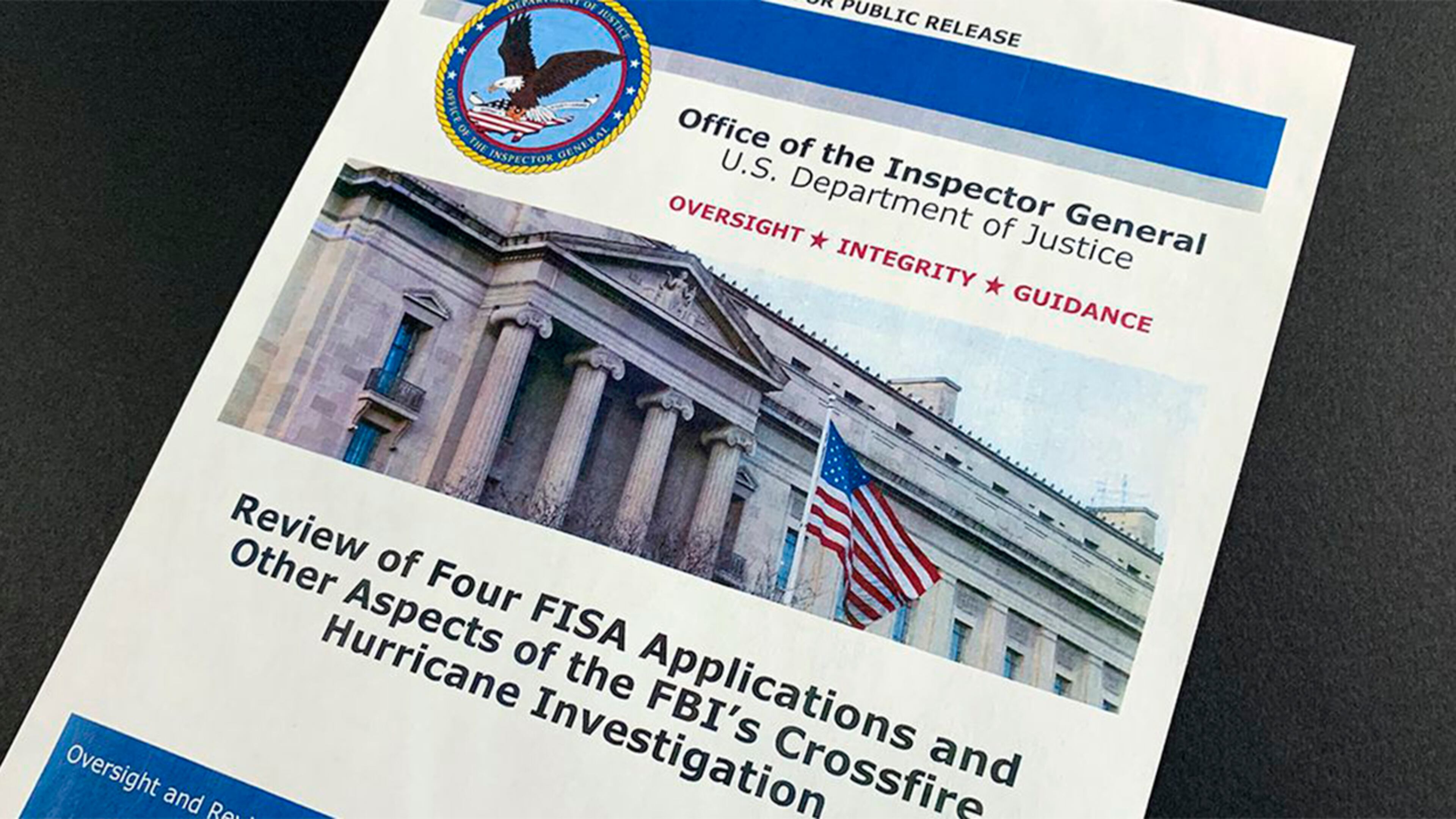 Here is the cover page of the report issued by the Department of Justice’s inspector general.