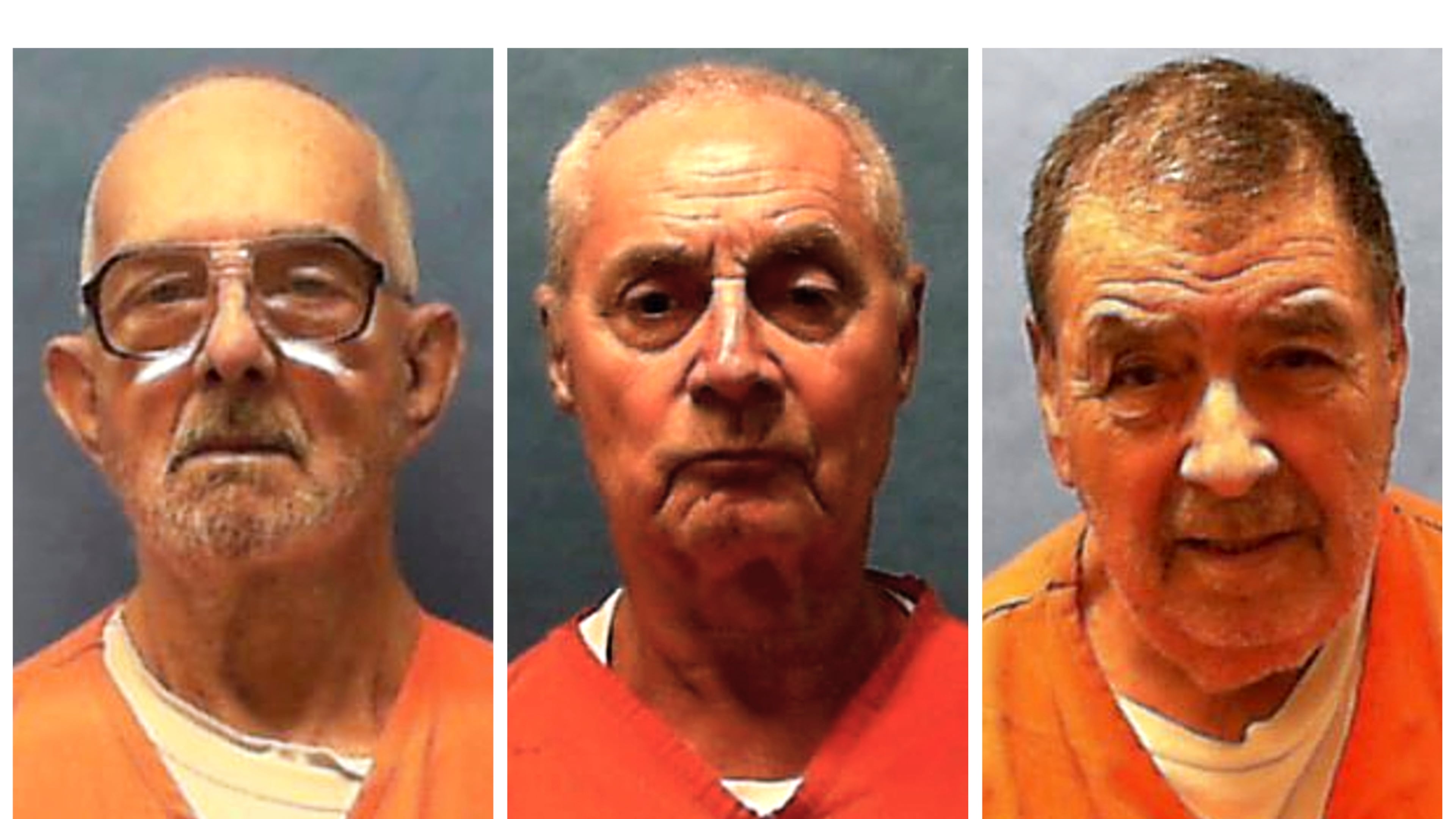 This combination of undated booking photos provided by the Florida Department of Corrections in July 2026 shows, from left, Dusty Ray Spencer, Dennis Sochor and Dominick Occhicone. (Florida Department of Corrections via AP)