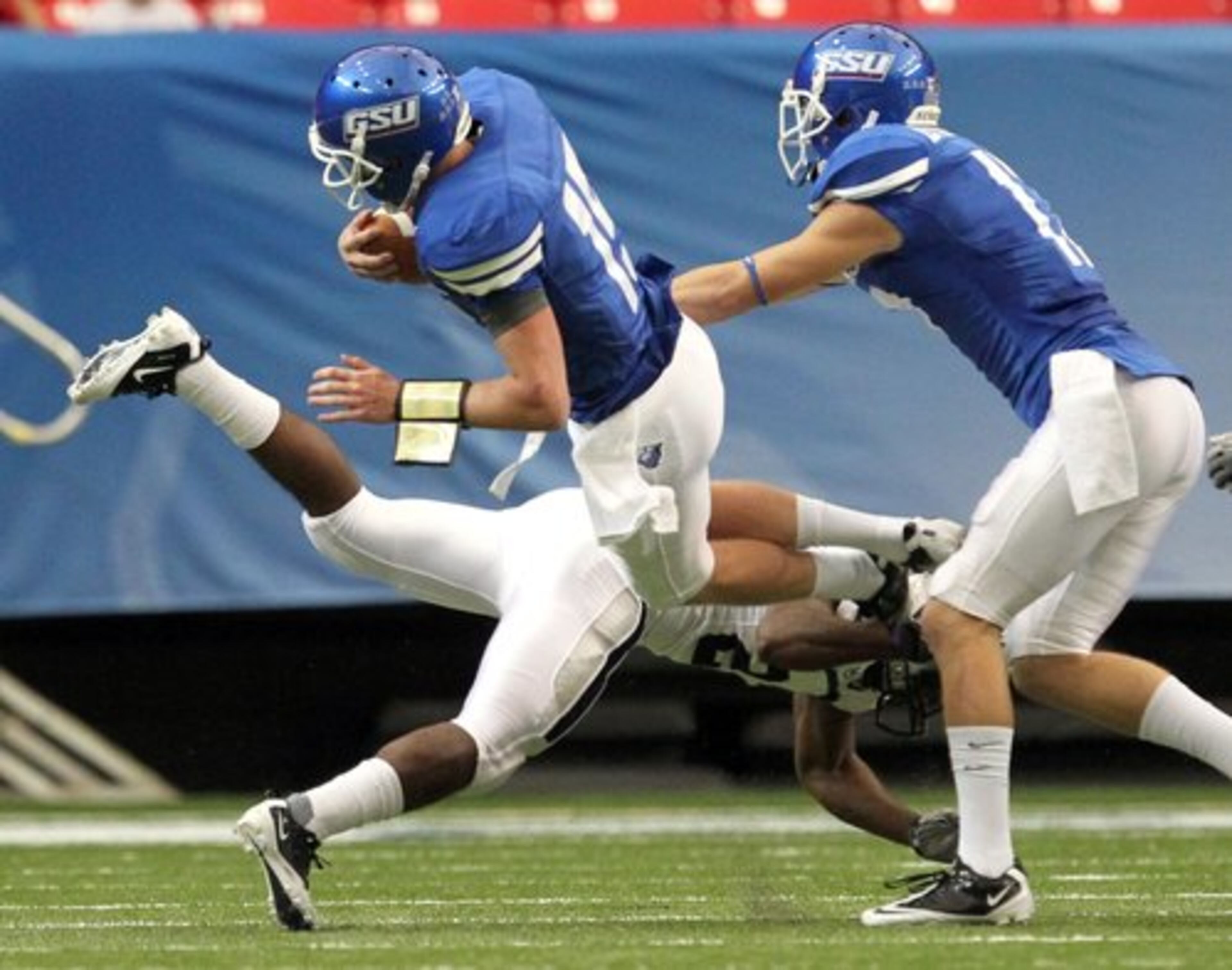 ... and later getting upended by Monarchs DB J.J. Cowart.