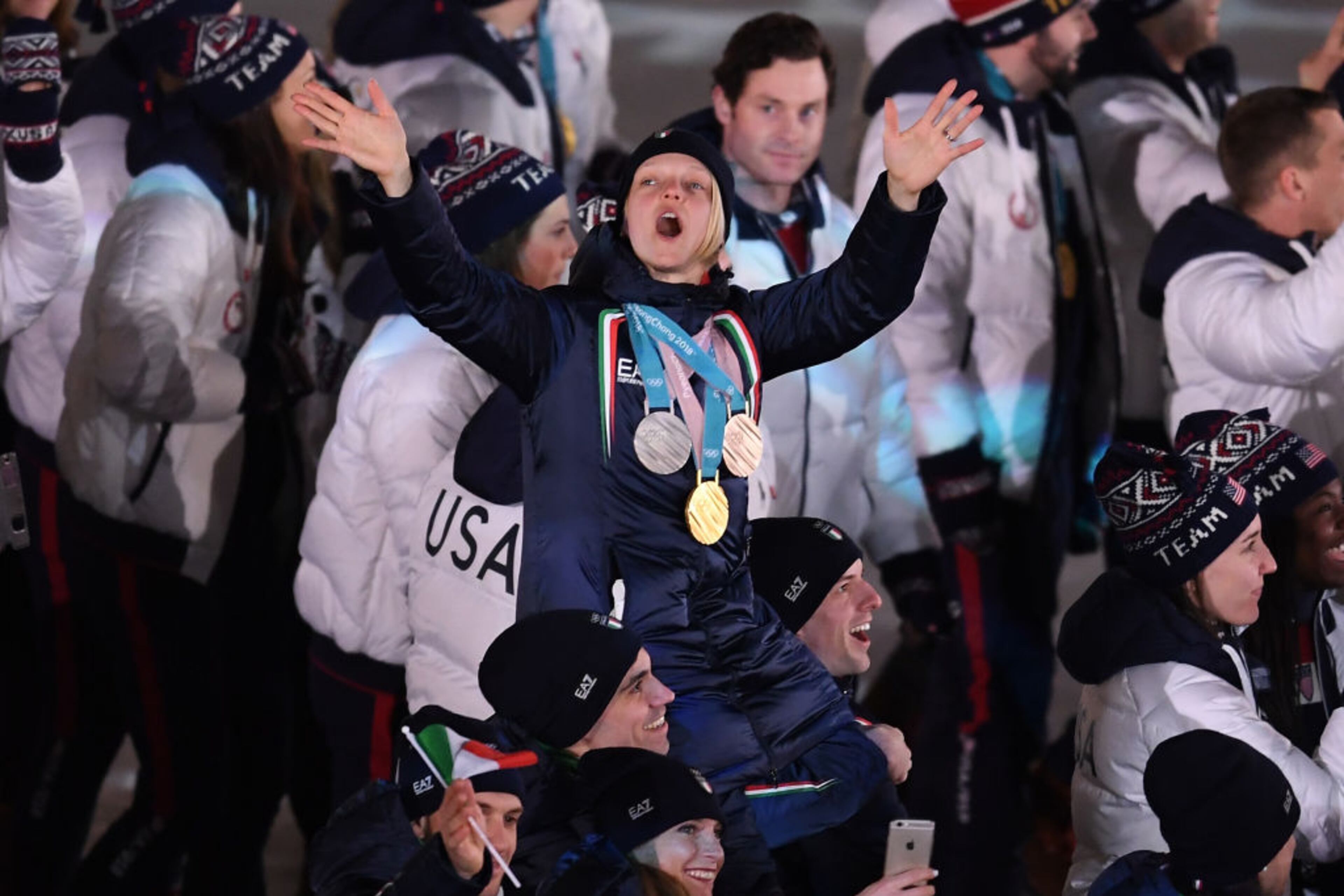 PYEONGCHANG-GUN, SOUTH KOREA - FEBRUARY 25: Arianna Fontana of Italy celebrates in the Parade of Athletes during the Closing Ceremony of the PyeongChang 2018 Winter Olympic Games at PyeongChang Olympic Stadium on February 25, 2018 in Pyeongchang-gun, South Korea. (Photo by David Ramos/Getty Images)