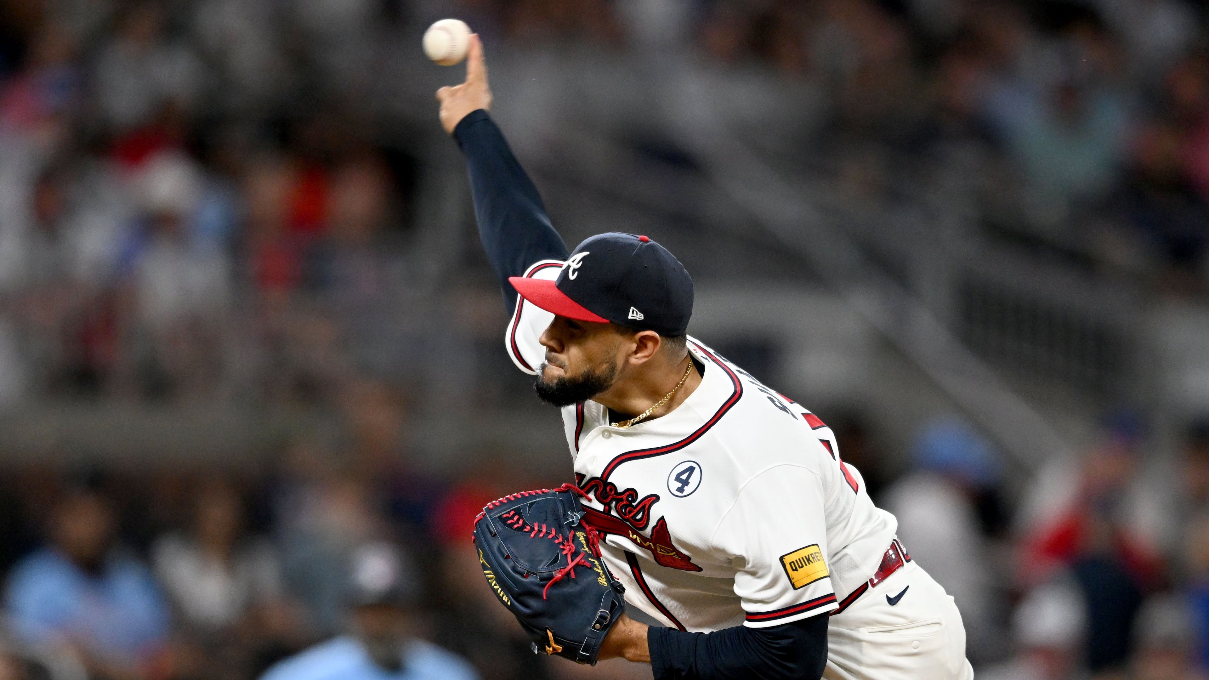 Braves pitcher Robert Suarez — pictured throwing against the Blue Jays on Tuesday, June 2, 2026 — went on the injured list June 26 after experiencing forearm tightness. (Hyosub Shin/AJC)