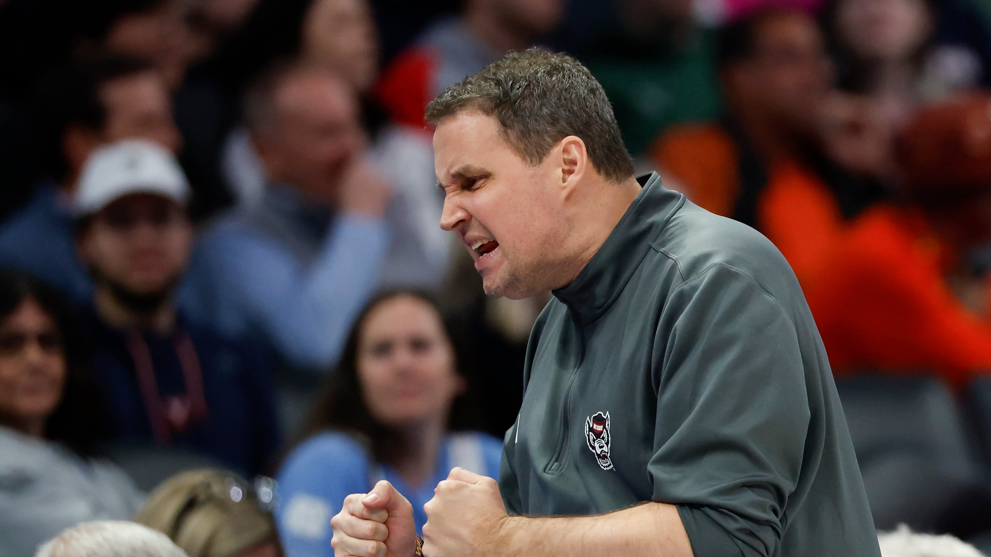 North Carolina State head coach Will Wade reacts during the second half of an NCAA college basketball game against Virginia in the quarterfinals of the Atlantic Coast Conference tournament in Charlotte, N.C., Thursday, March 12, 2026. (AP Photo/Nell Redmond)