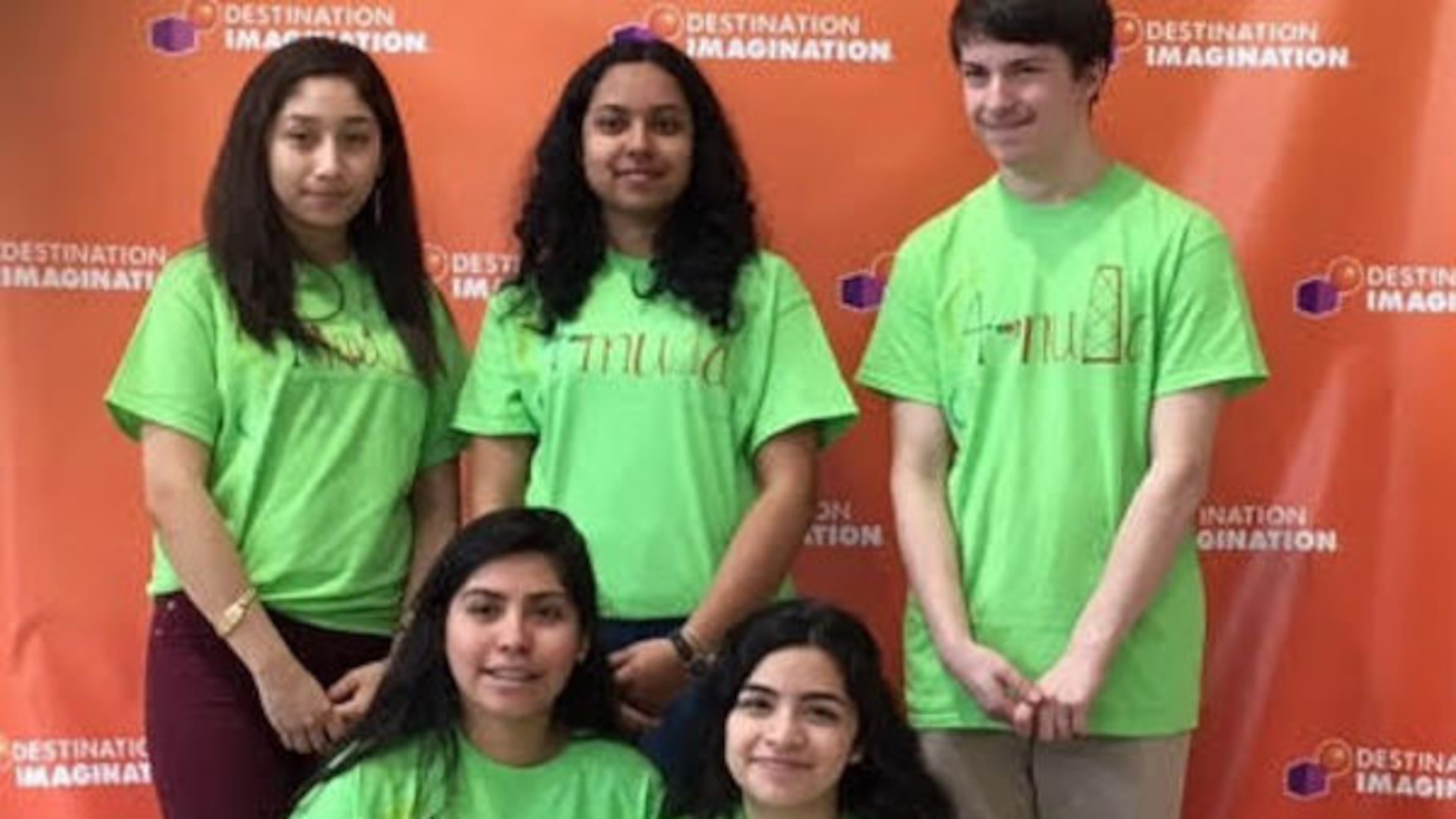 Riverwood’s Destination Imagination engineering team: top, from left, Adileni Maldonado, Srujani Das and Tate Poole; bottom, Jackie Martinez and Rosa Moctezuma.