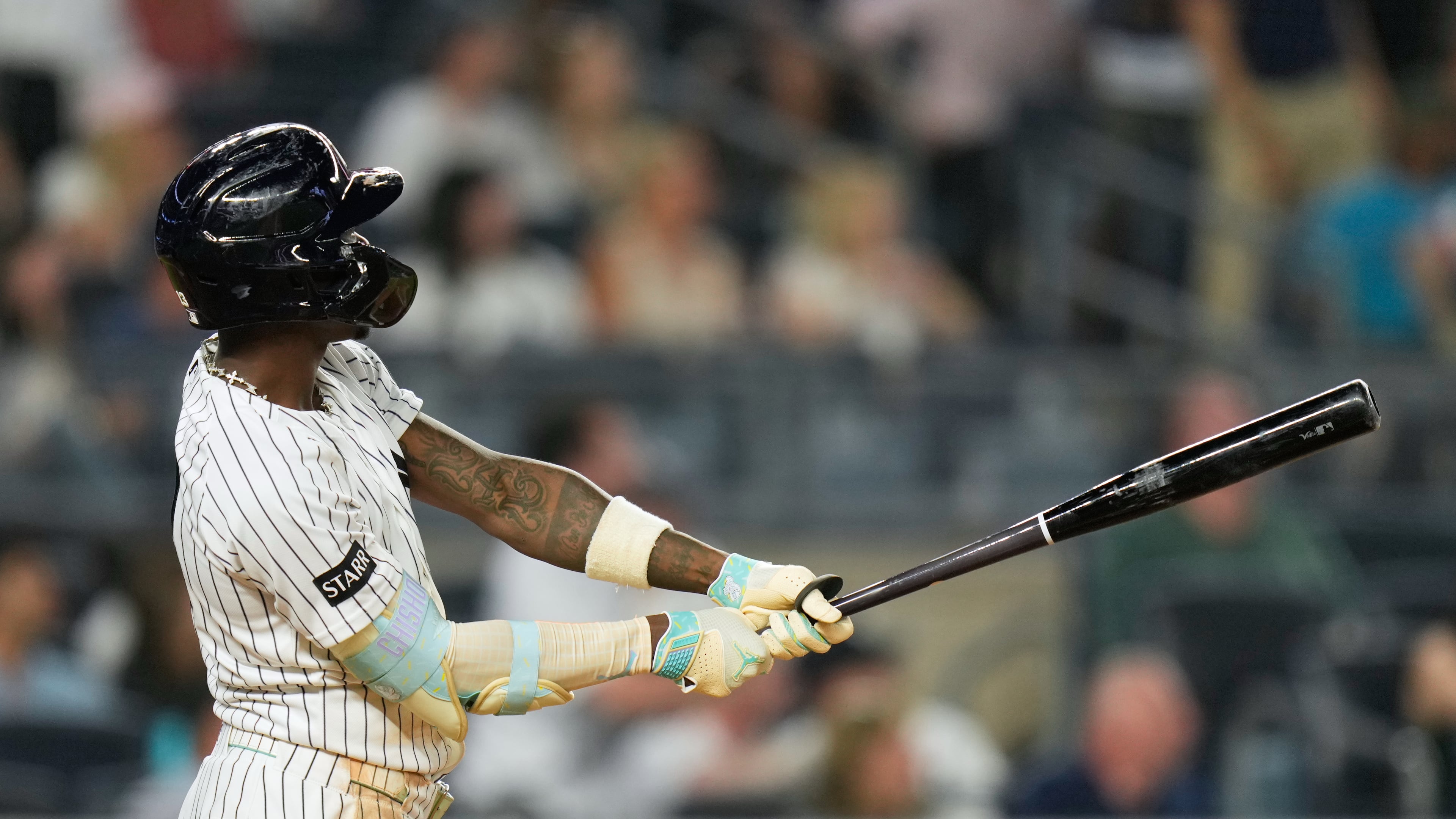 New York Yankees' Jazz Chisholm Jr. looks after his two-run home run during the seventh inning of a baseball game against the Toronto Blue Jays, Monday, May 18, 2026, in New York. (AP Photo/Seth Wenig)