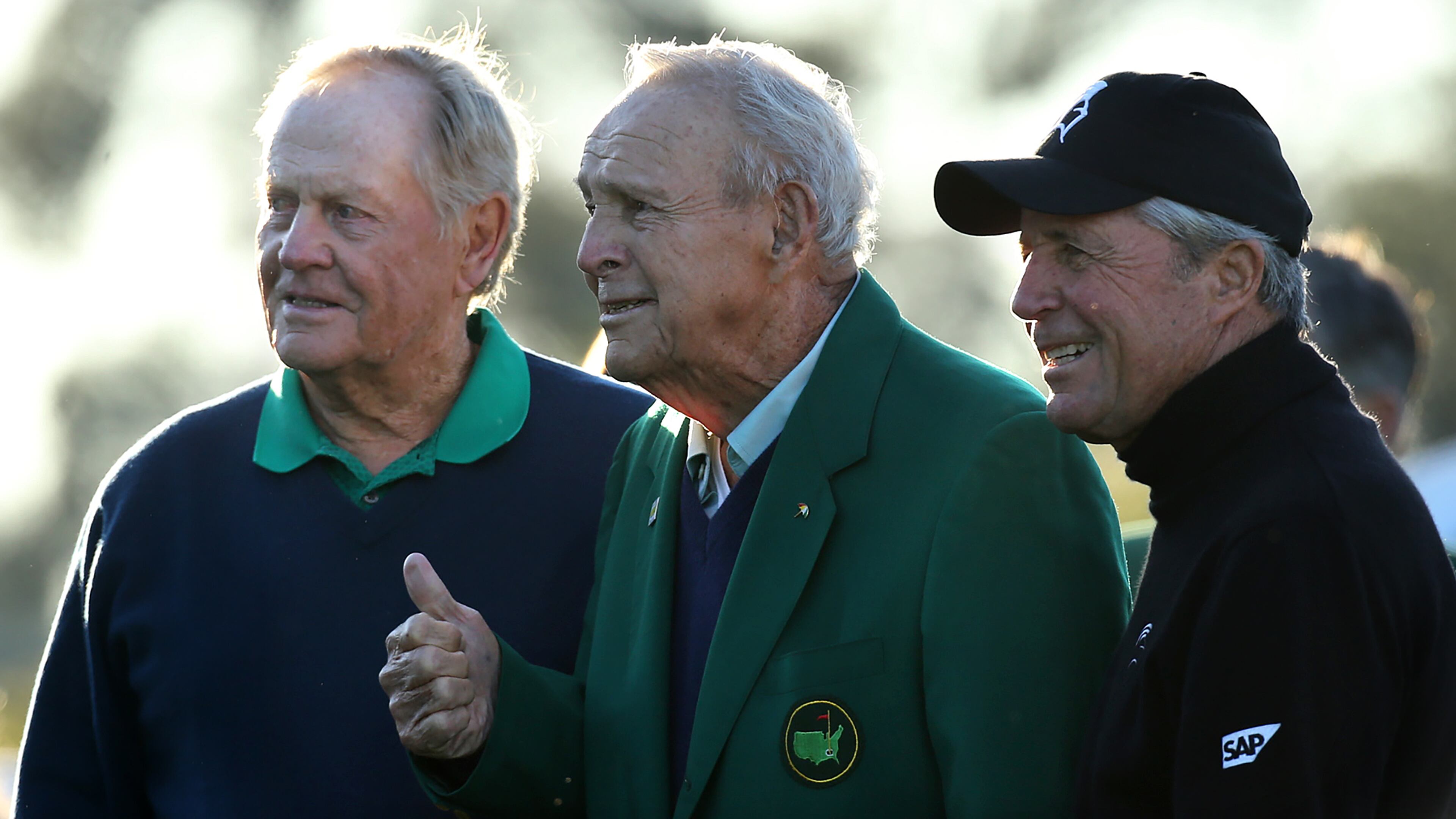 Jack, Arnie and Gary - no last names really necessary - pose at the first tee of the 2016 Masters. (Curtis Compton / ccompton@ajc.com)