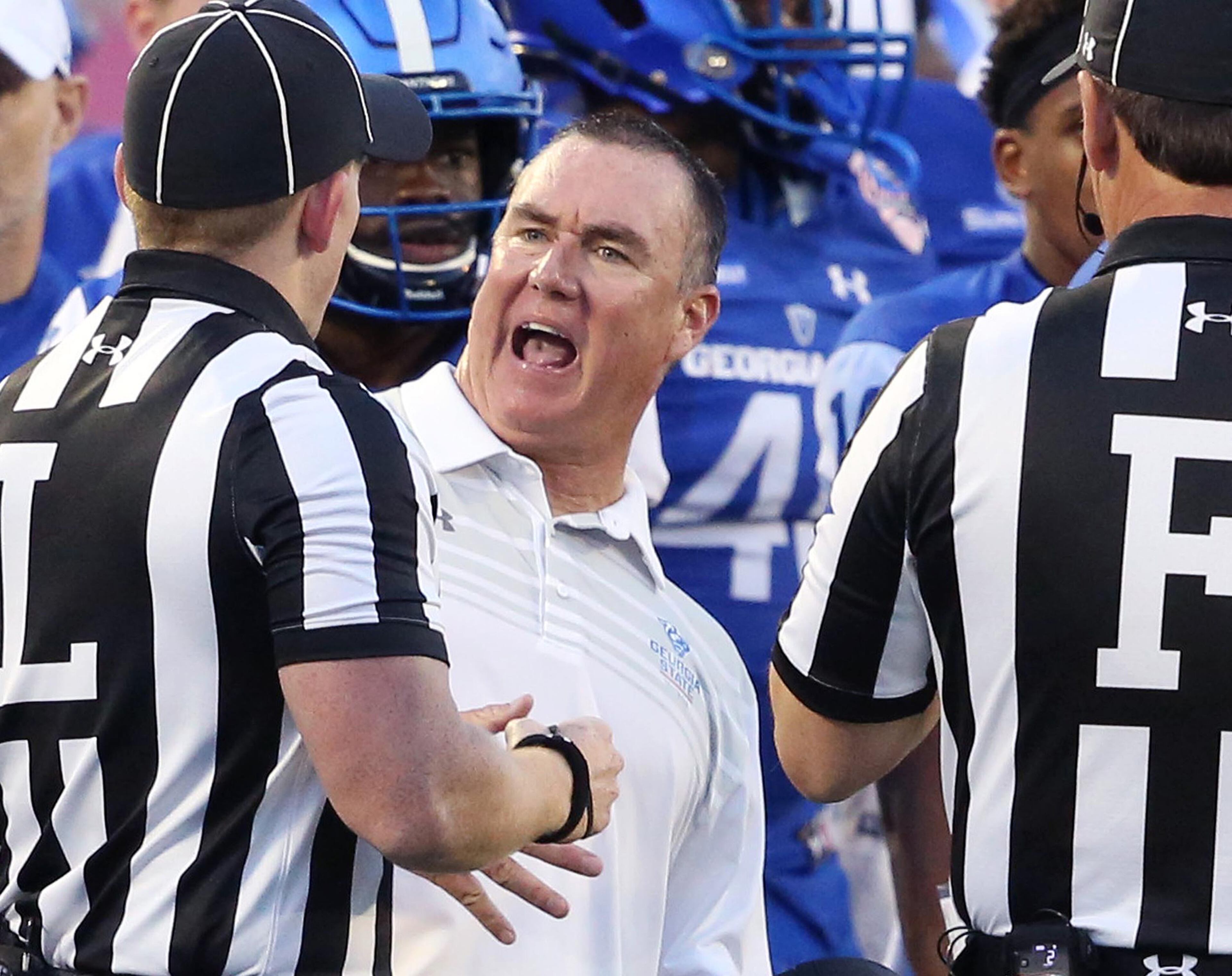 Georgia State head coach Sean Elliott yells at game officials during the Cure Bowl game against Western Kentucky at Camping World Stadium in Orlando, Fla., on Saturday, Dec. 16, 2017. Georgia State won, 27-17. (Stephen M. Dowell/Orlando Sentinel/TNS)